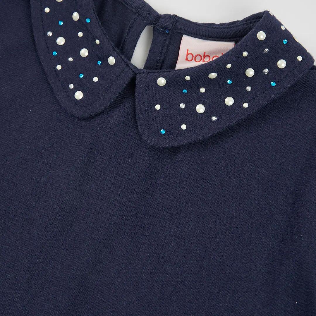 Camiseta punto niña azul marino con perlas 3/4