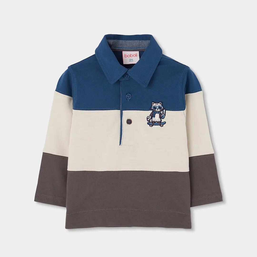 Polo punto niño azul tricolor bordado mapache 1/4