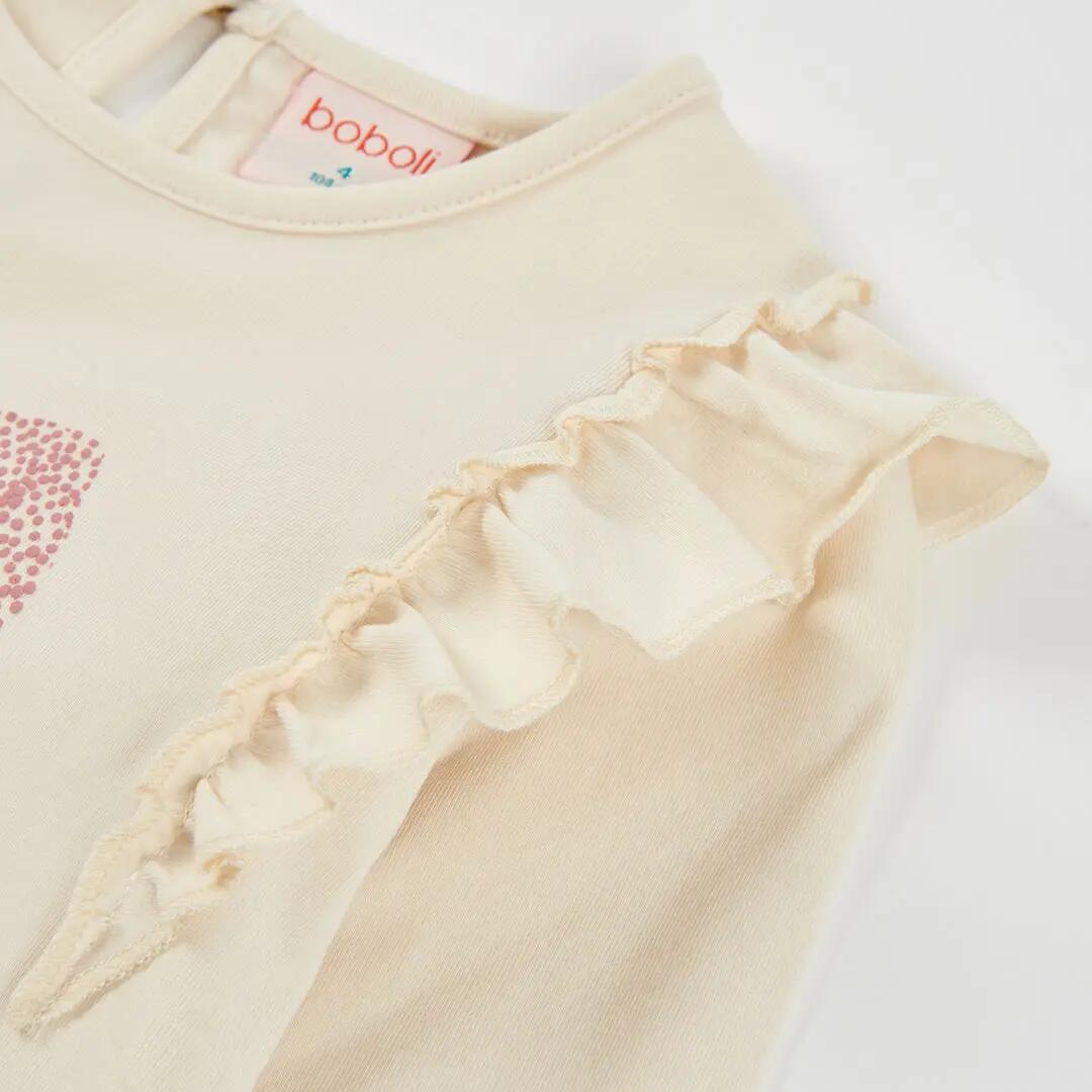 Camiseta punto niña crudo estampado lazo rosa 3/4
