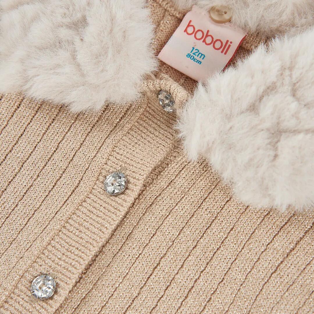 Chaqueta punto niña beige con cuello pelo 3/4