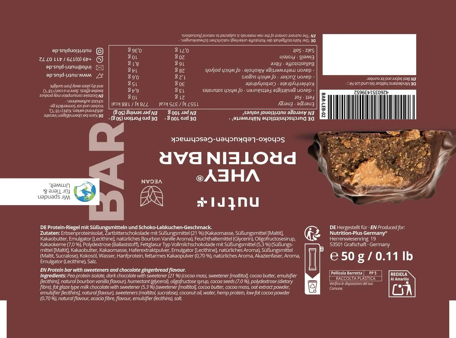 Nutri+ Vhey vegan protein bar, high protein and low sugar, Lebkuchen flavour 5/6