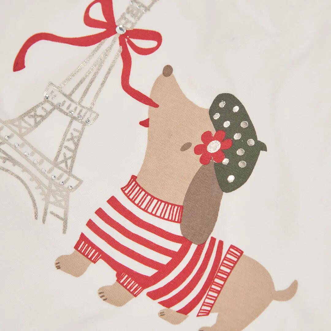 Camiseta punto niña blanca estampado perrito París 3/4