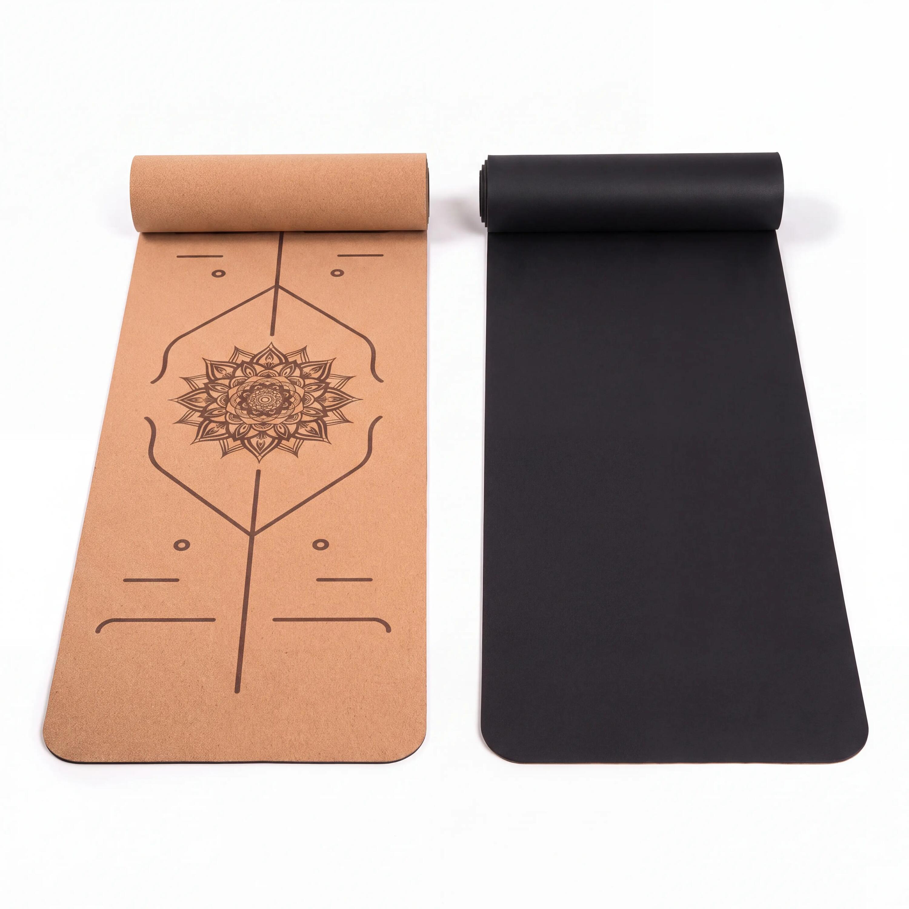 Yoga Kork-Matte rutschfest 180x60cm 4mm Alignment-Linien Naturkautschuk 5/7