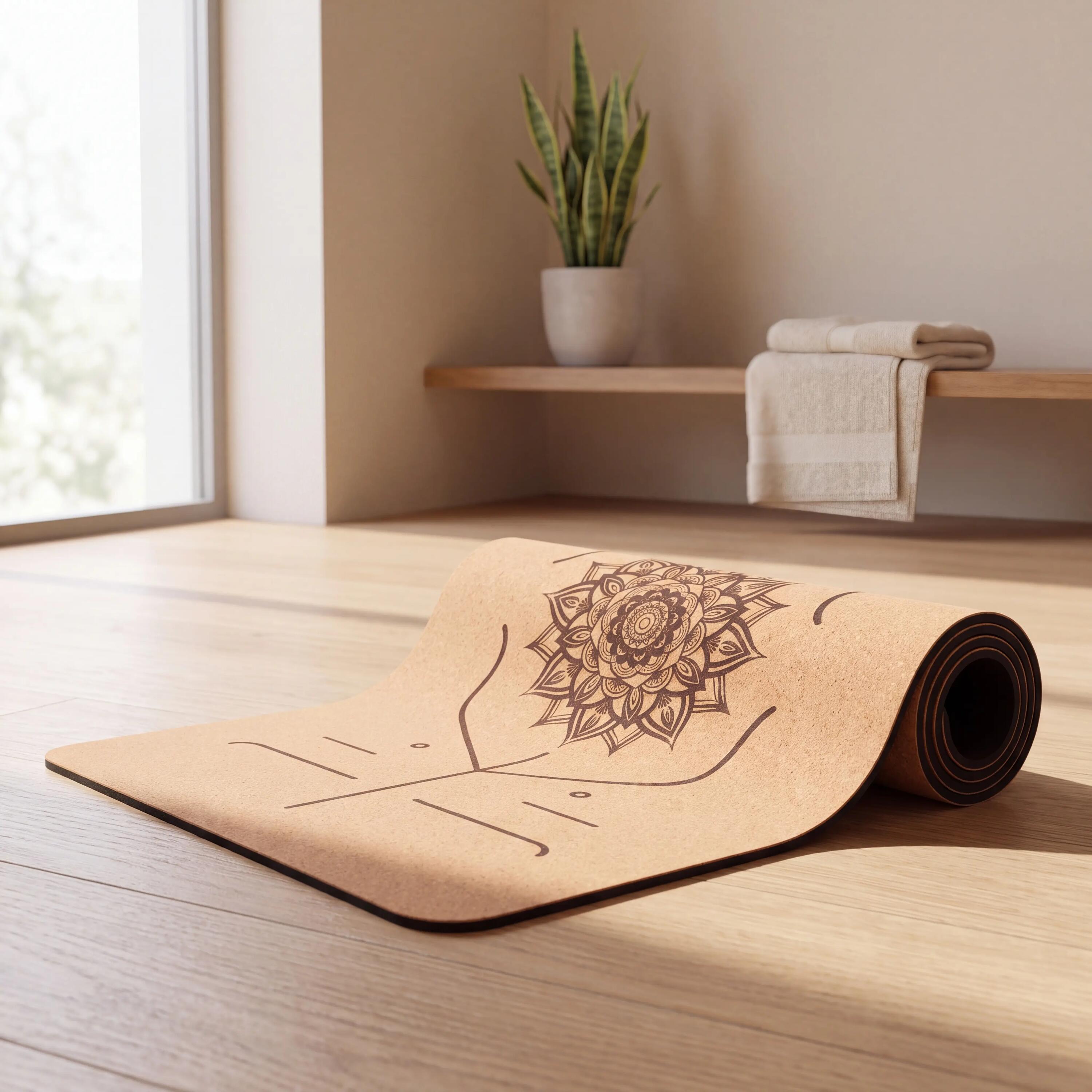 Yoga Kork-Matte rutschfest 180x60cm 4mm Alignment-Linien Naturkautschuk 4/7