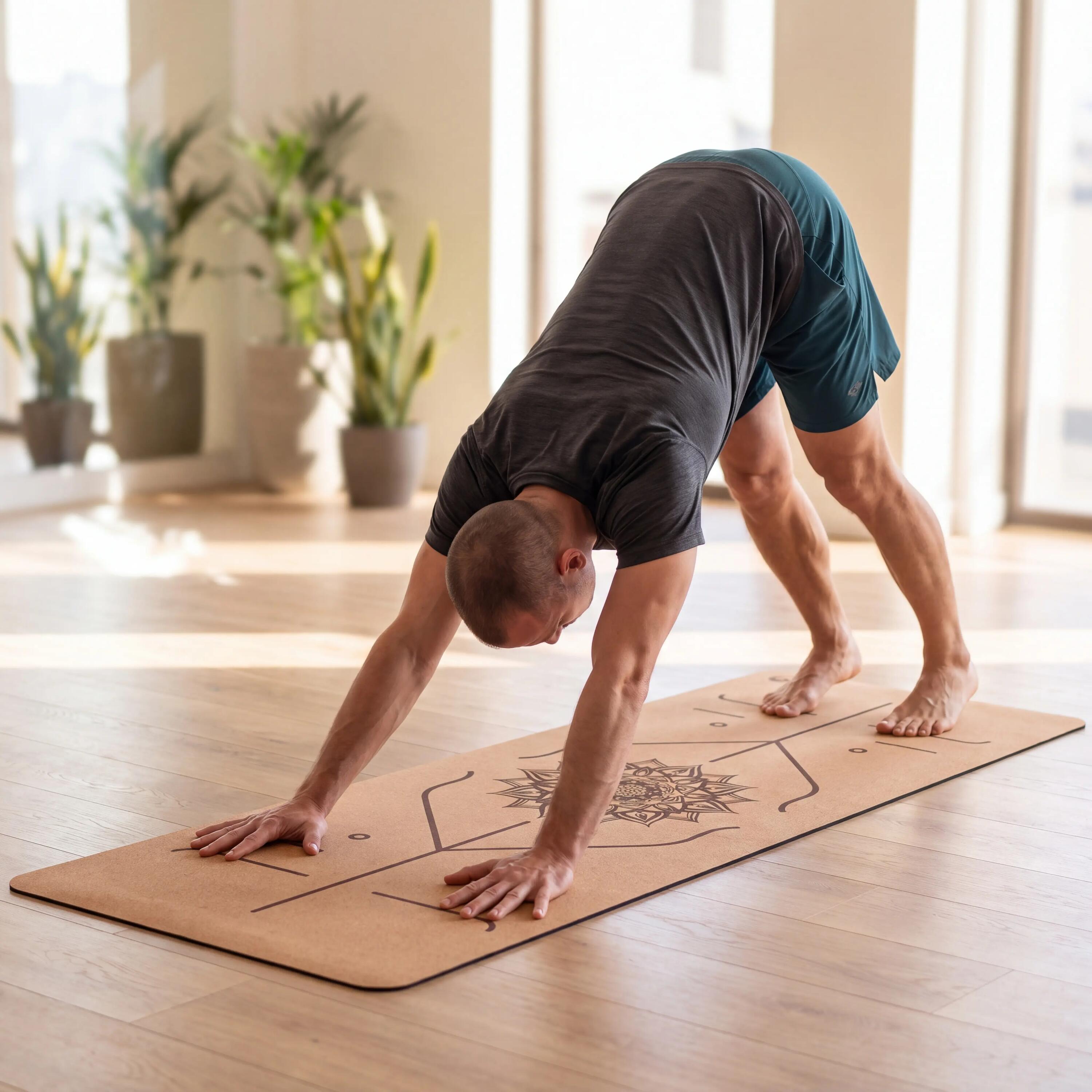 Yoga Kork-Matte rutschfest 180x60cm 4mm Alignment-Linien Naturkautschuk 3/7
