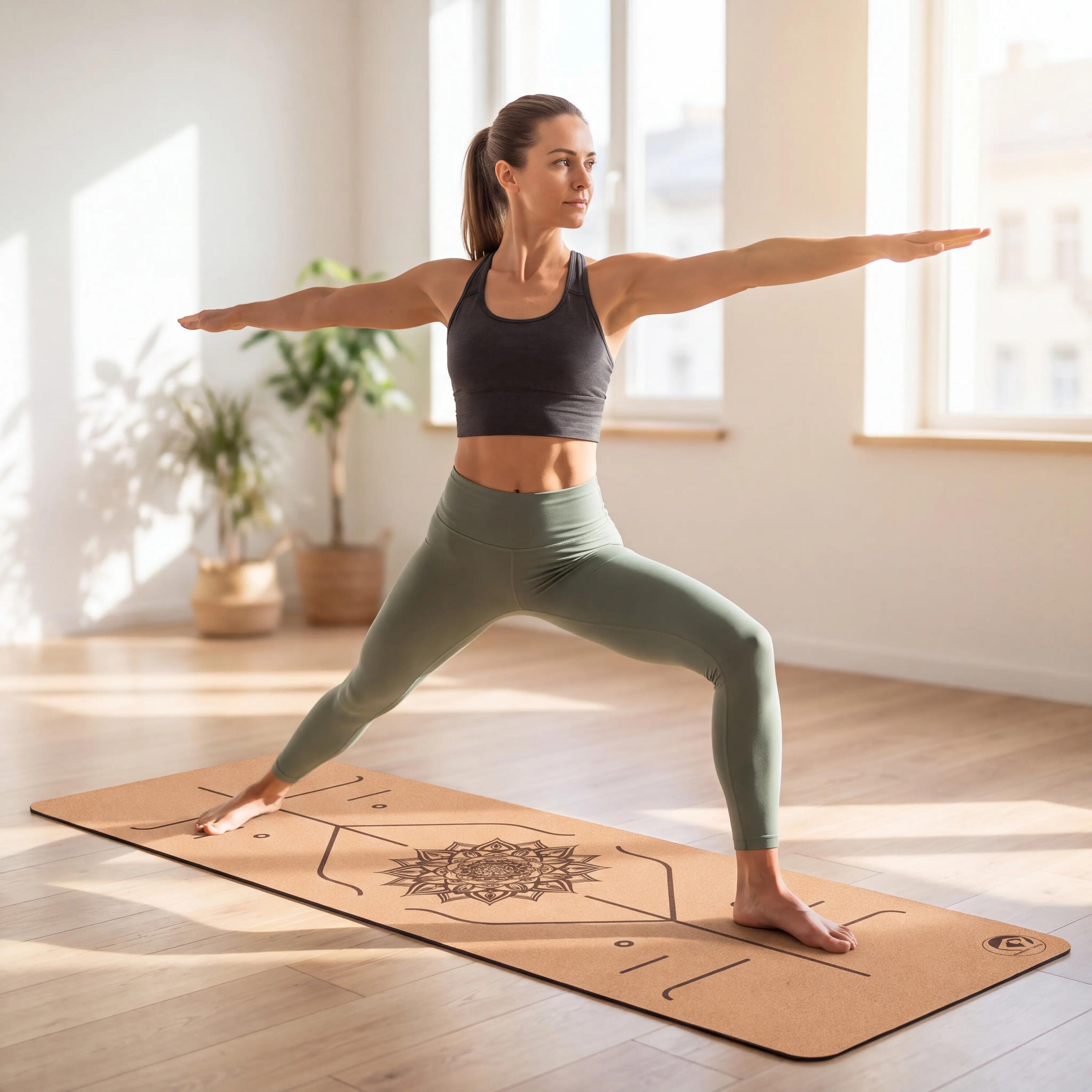 Yoga Kork-Matte rutschfest 180x60cm 4mm Alignment-Linien Naturkautschuk 2/7