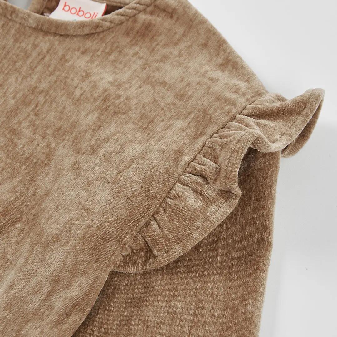 Sudadera niña beige con volantes en hombros 3/4
