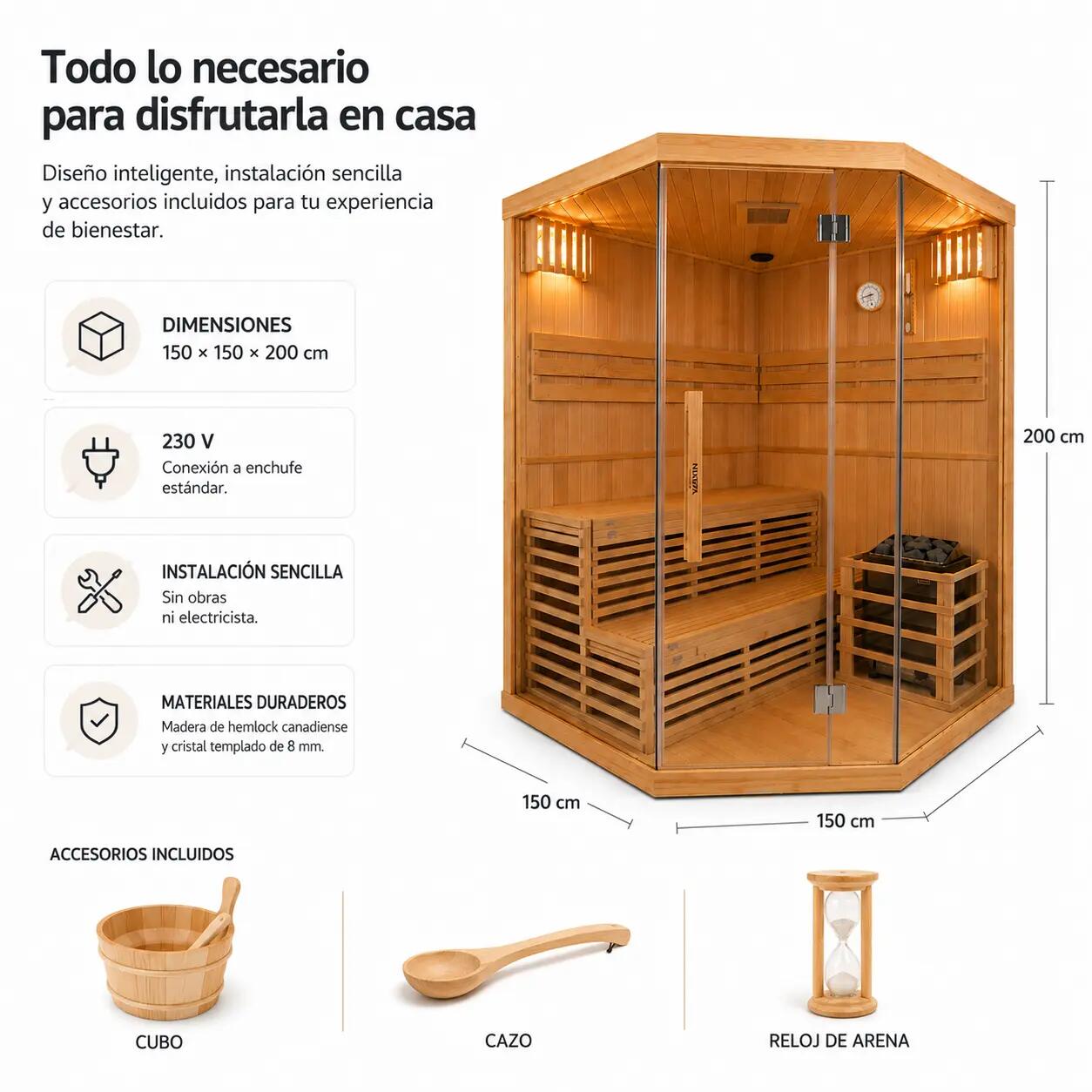 Sauna Finlandais d’Angle pour 4-5 Personnes en Bois Hemlock Canadien 7/7
