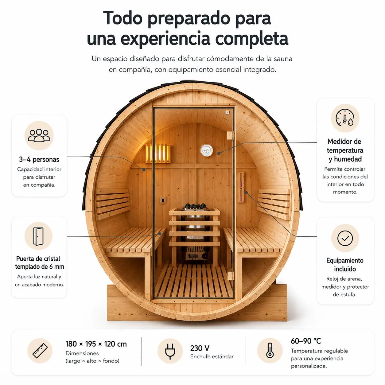 Sauna a botte da esterno per giardino 3-4 persone in legno di abete 6 kW tetto a 6/7