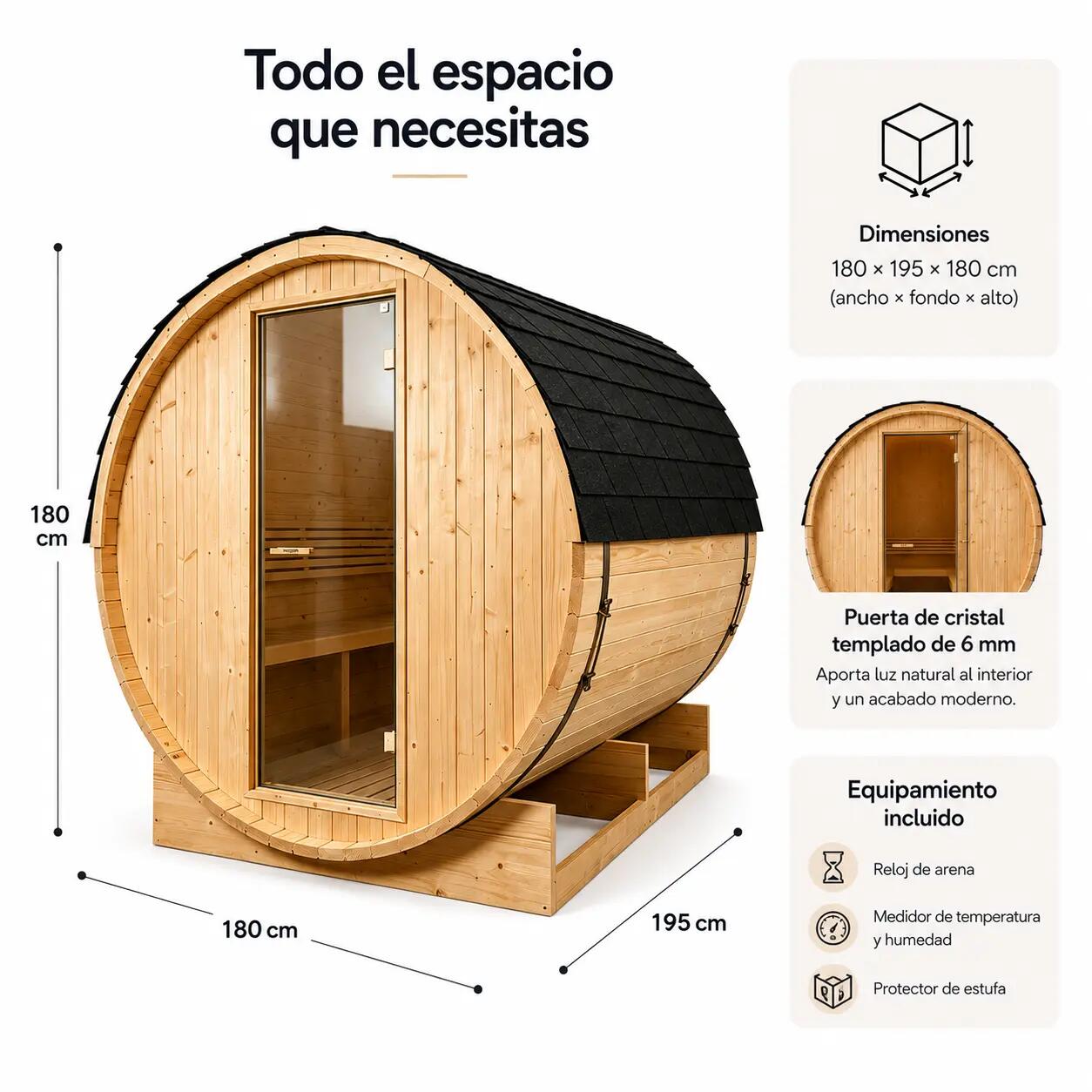 Sauna Tonneau Extérieur Jardin 5-6 Personnes en Bois d’Épicéa 6 kW Toit en 7/7