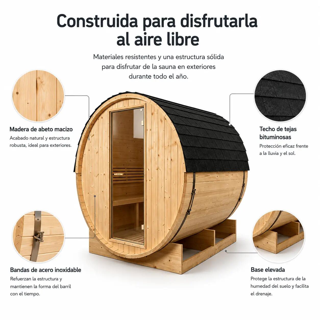 Sauna a botte da esterno per giardino 3-4 persone in legno di abete 6 kW tetto a 5/7