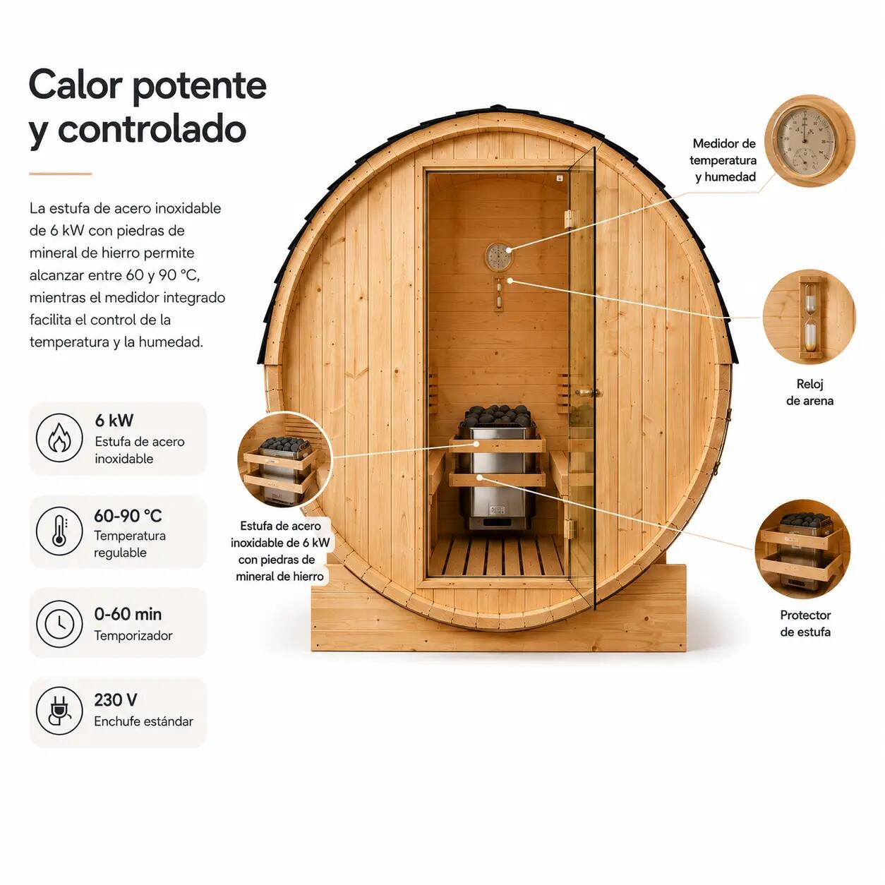 Sauna Tonneau Extérieur Jardin 5-6 Personnes en Bois d’Épicéa 6 kW Toit en 6/7
