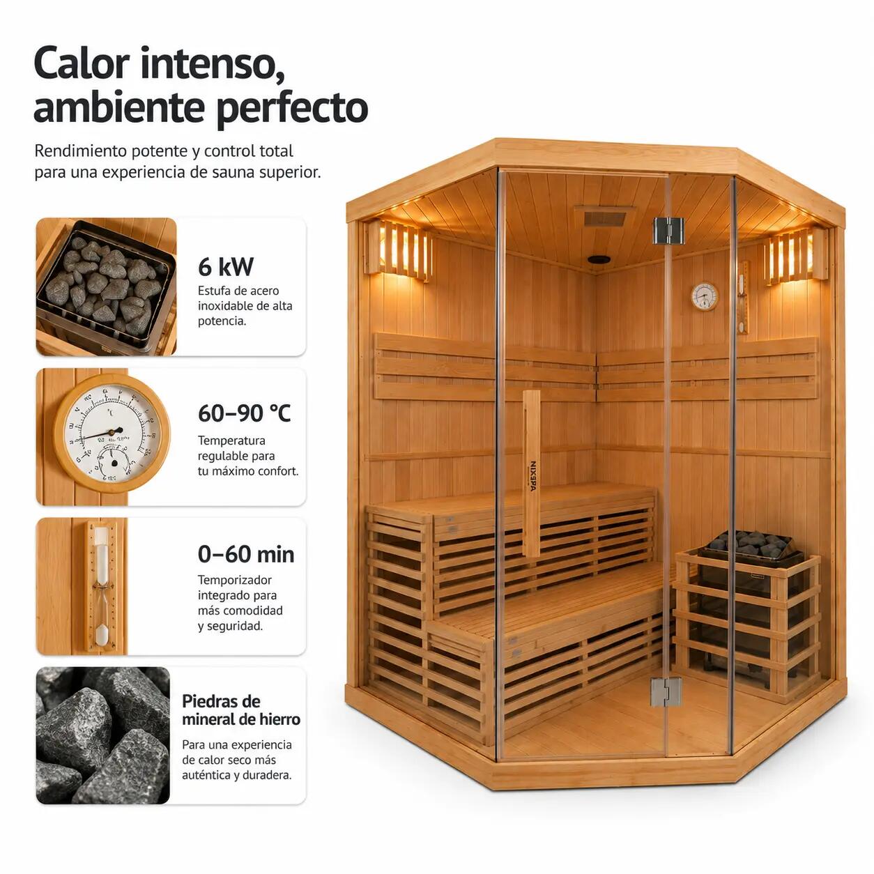 Sauna Finlandais d’Angle pour 4-5 Personnes en Bois Hemlock Canadien 5/7