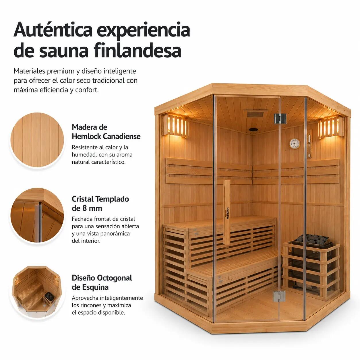 Sauna Finlandais d’Angle pour 4-5 Personnes en Bois Hemlock Canadien 4/7