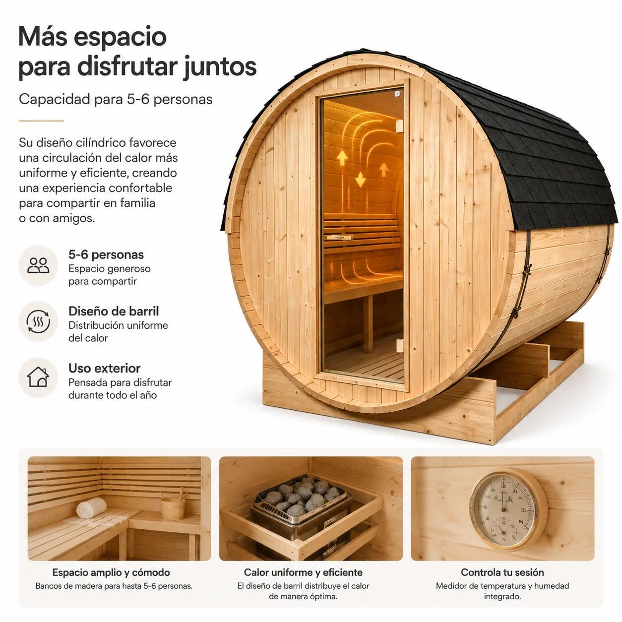 Sauna Tonneau Extérieur Jardin 5-6 Personnes en Bois d’Épicéa 6 kW Toit en 4/7