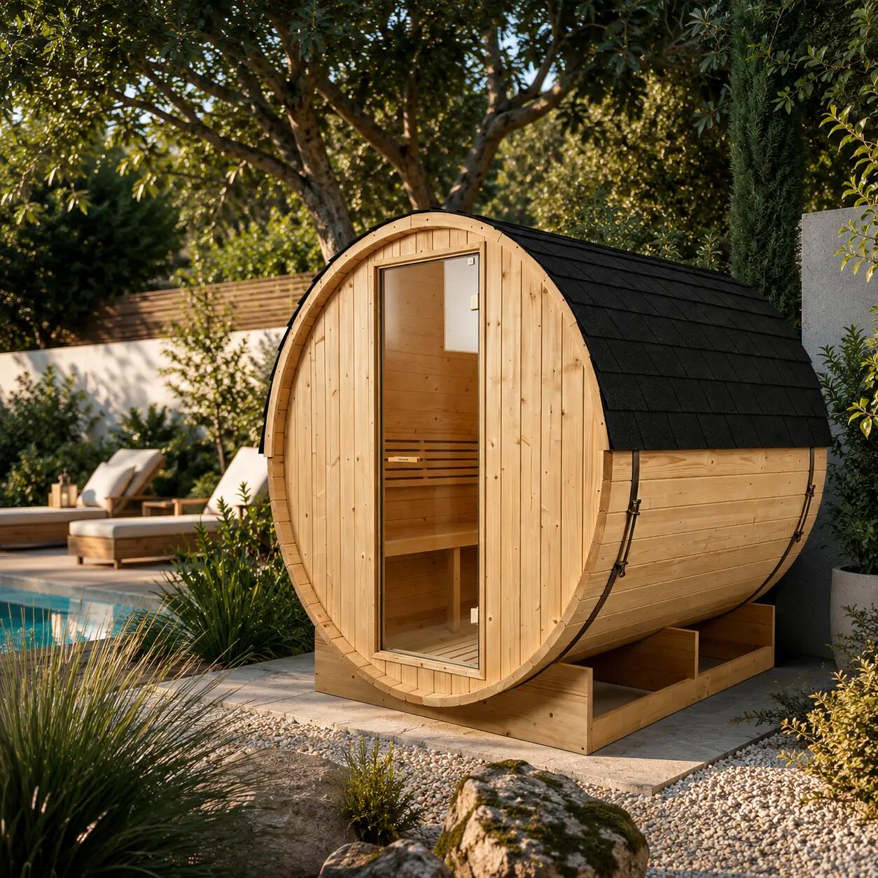 Sauna a botte da esterno per giardino 3-4 persone in legno di abete 6 kW tetto a 3/7