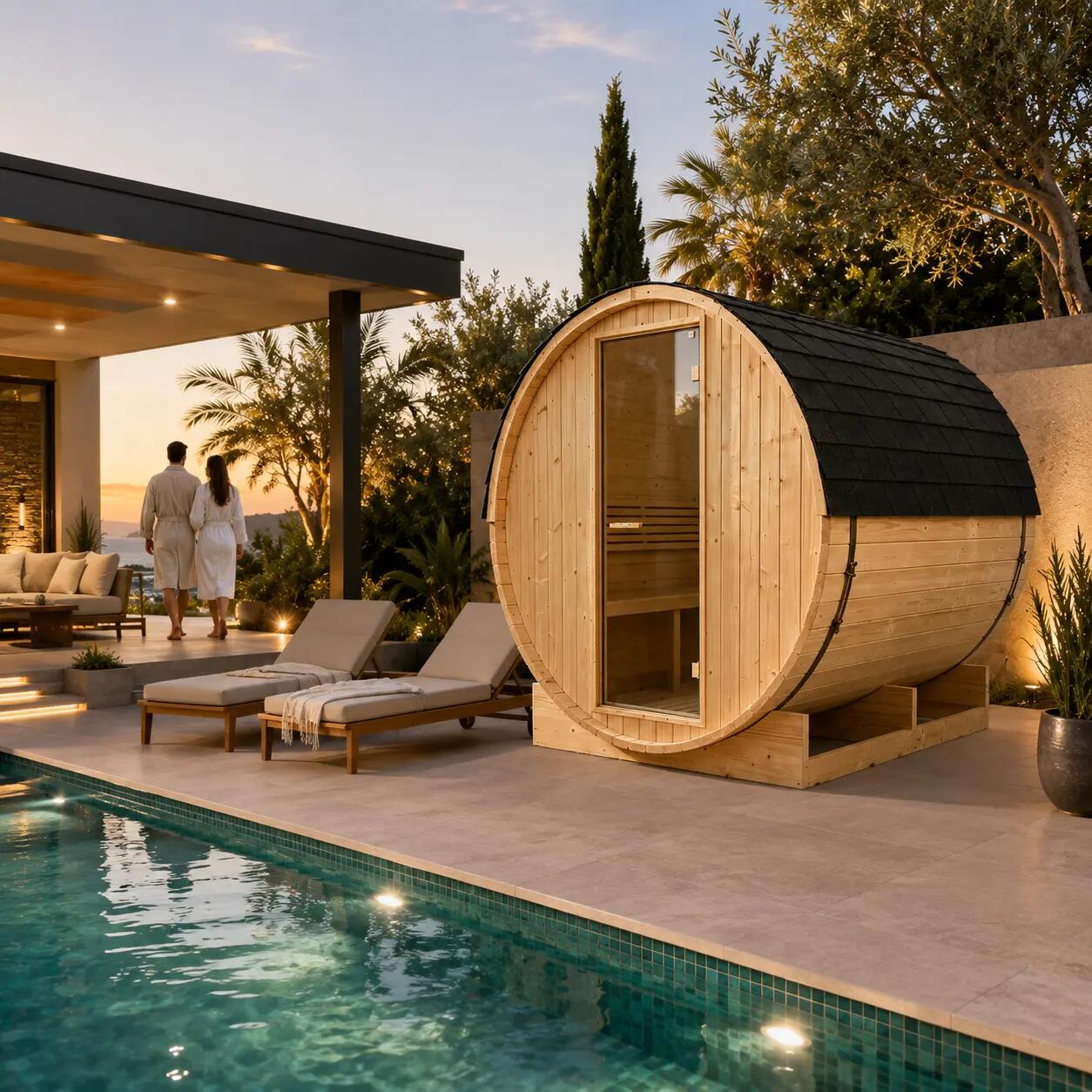 Sauna Tonneau Extérieur Jardin 5-6 Personnes en Bois d’Épicéa 6 kW Toit en 3/7