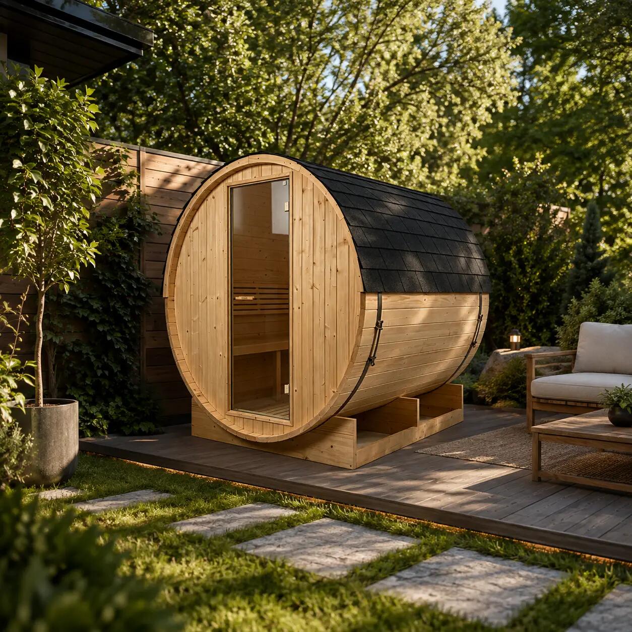 Sauna a botte da esterno per giardino 3-4 persone in legno di abete 6 kW tetto a 2/7