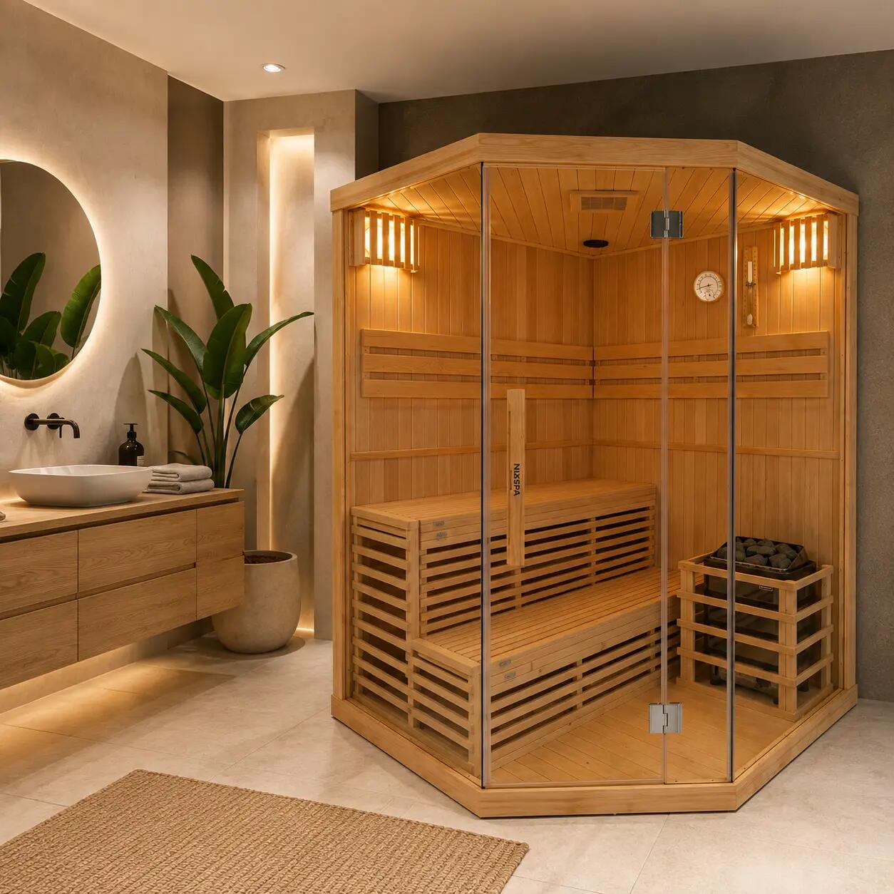 Sauna Finlandais d’Angle pour 4-5 Personnes en Bois Hemlock Canadien 2/7