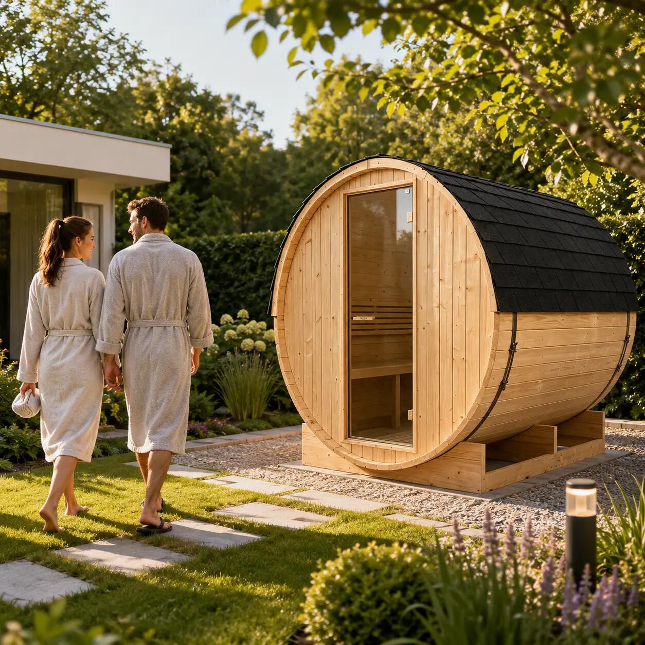 Sauna Tonneau Extérieur Jardin 5-6 Personnes en Bois d’Épicéa 6 kW Toit en 2/7