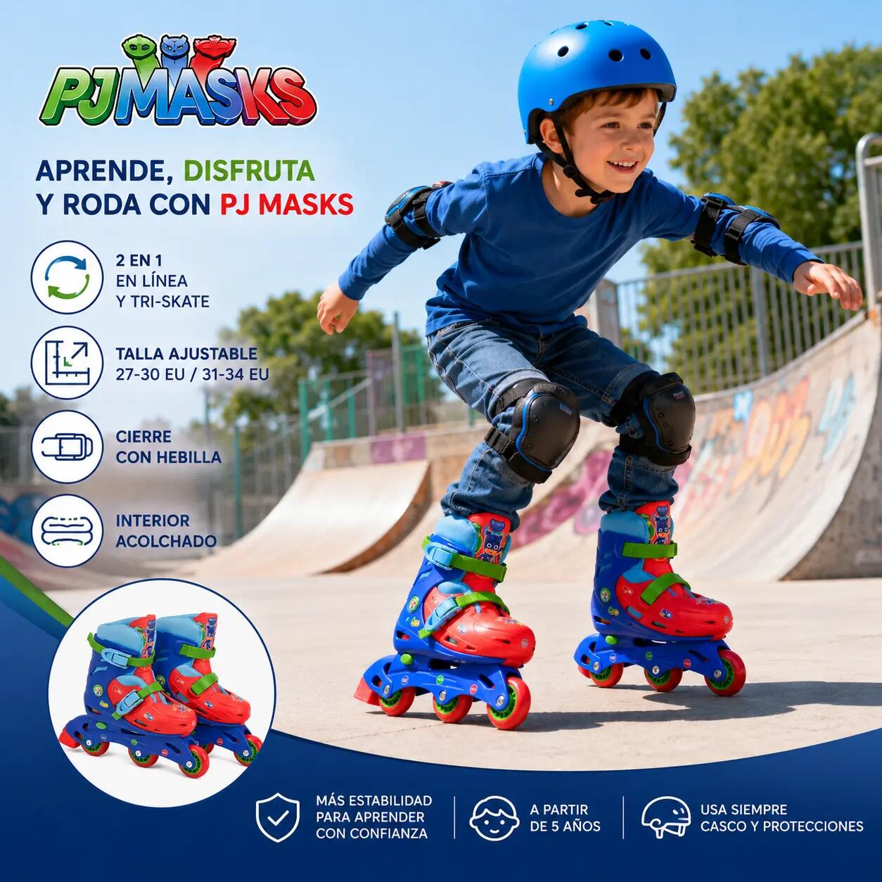 Patines en Línea Patinaje PJ Masks 2 en 1 Azul Ajustables Talla 27-30 (2942) 6/7