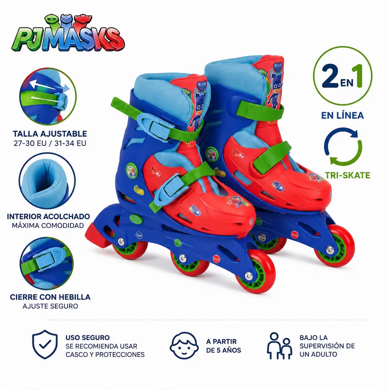 Patines en Línea Patinaje PJ Masks 2 en 1 Azul Ajustables Talla 27-30 (2942) 2/7