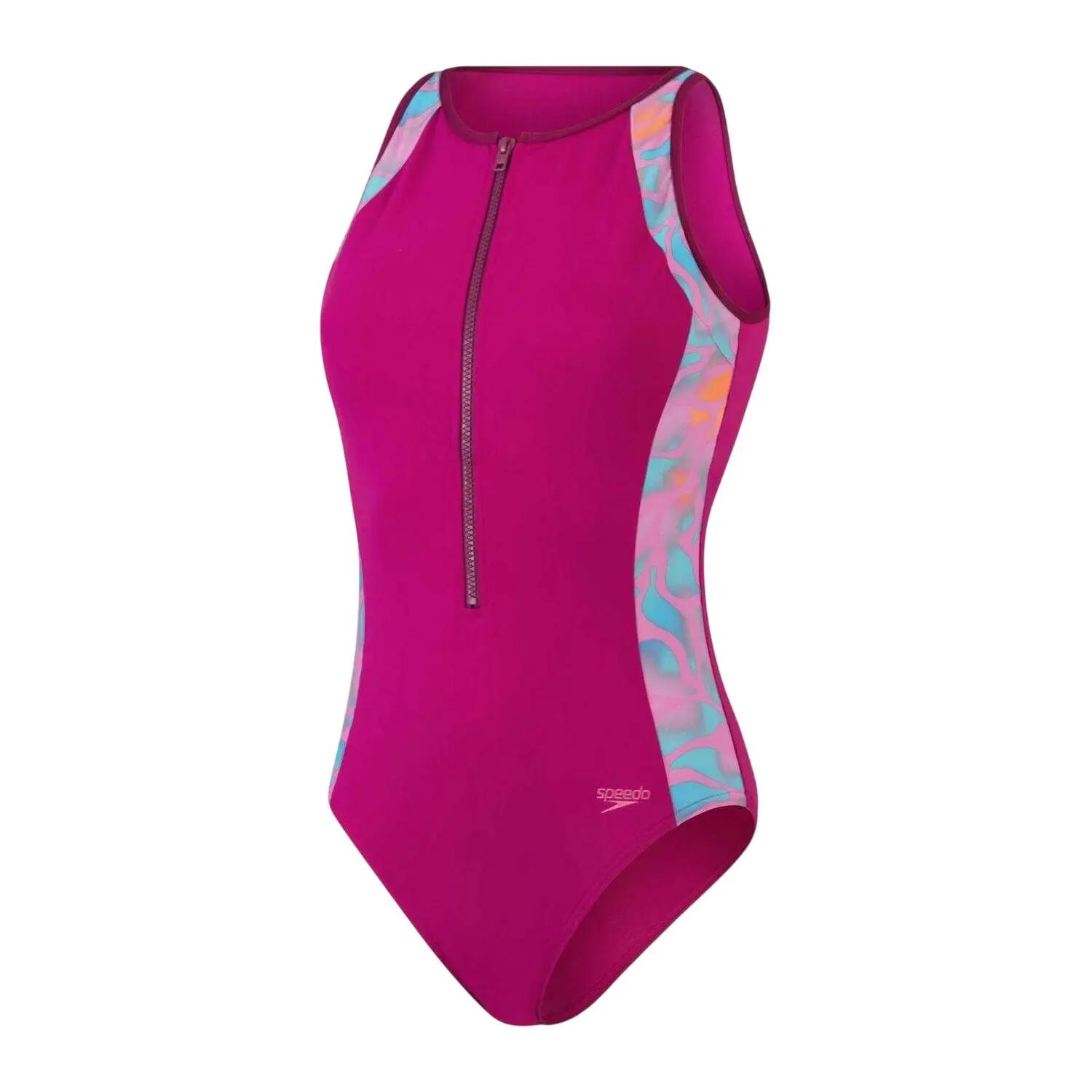 Costume Da Bagno Intero Pannello Mezza Cerniera Donna Speedo Viola Arancio 2/4