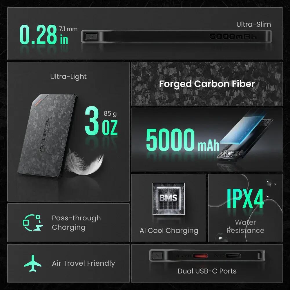 Zero Power 5000C 5000mAh Powerbank, Carbonfaser, Grau 3/13