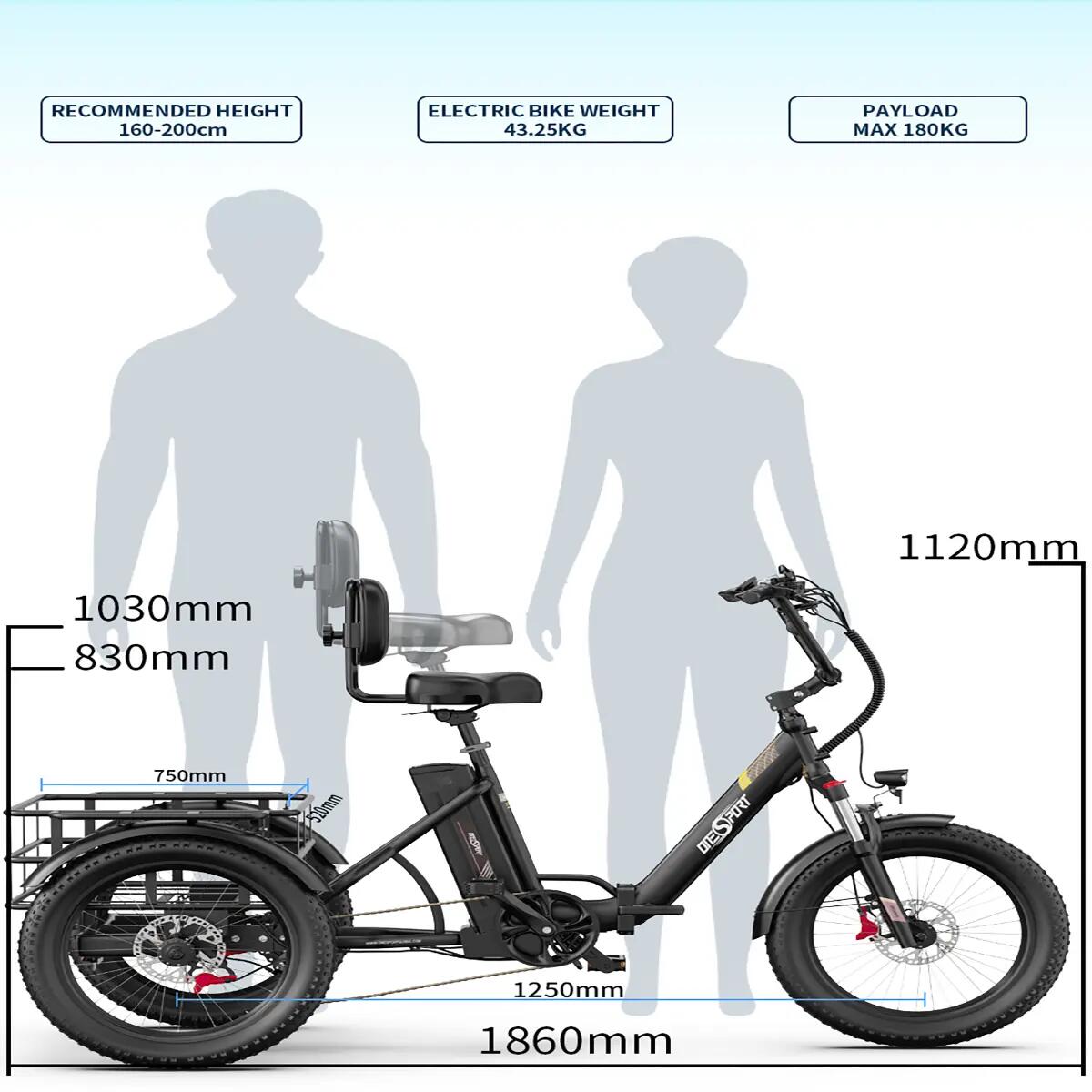 Elektrische driewieler ONESPORT OT30 PRO, 48V 18Ah accu, 20‑inch banden 12/12