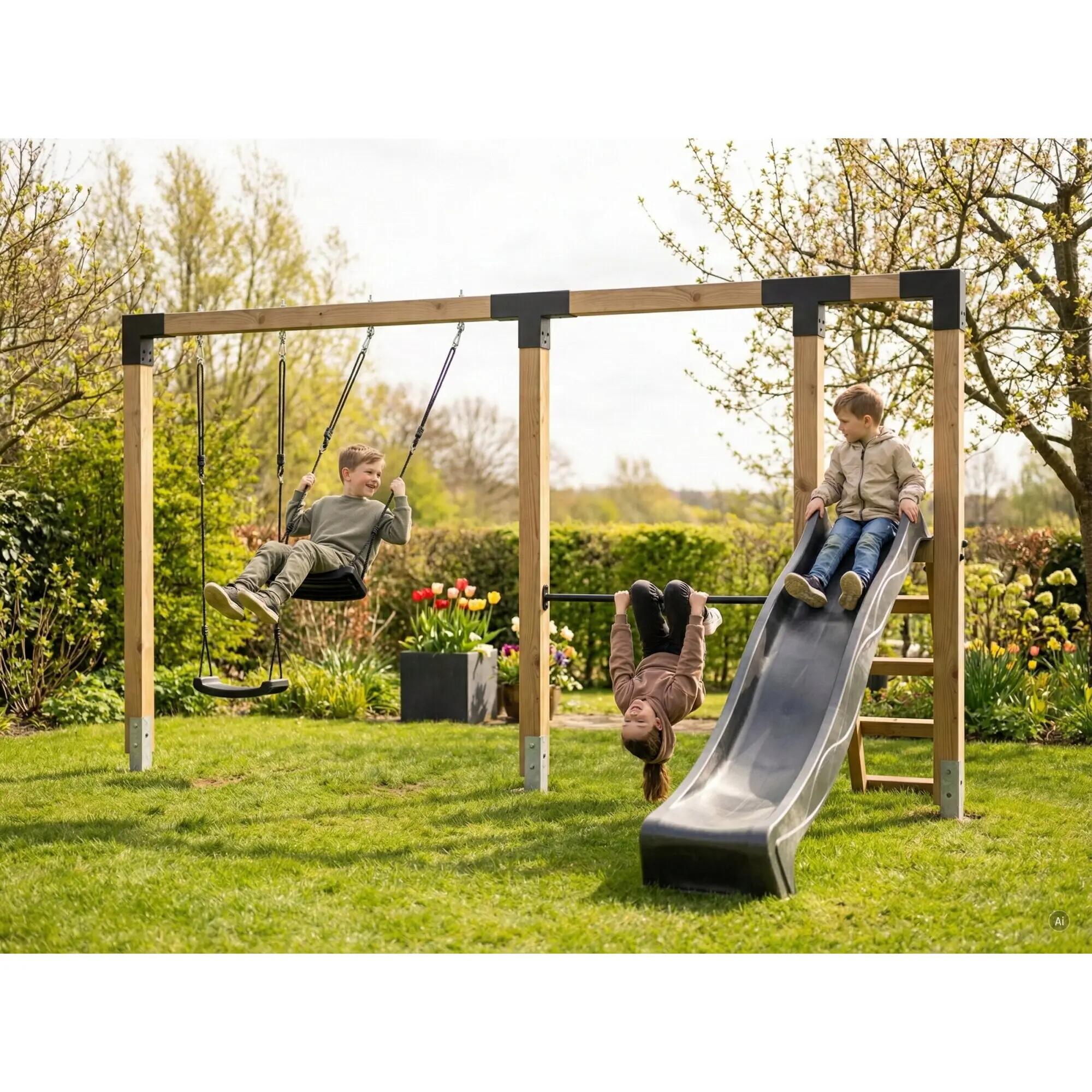 EXIT Linea Robust 110 doppelte Holzschaukel mit Reckstange und Rutsche 5/6