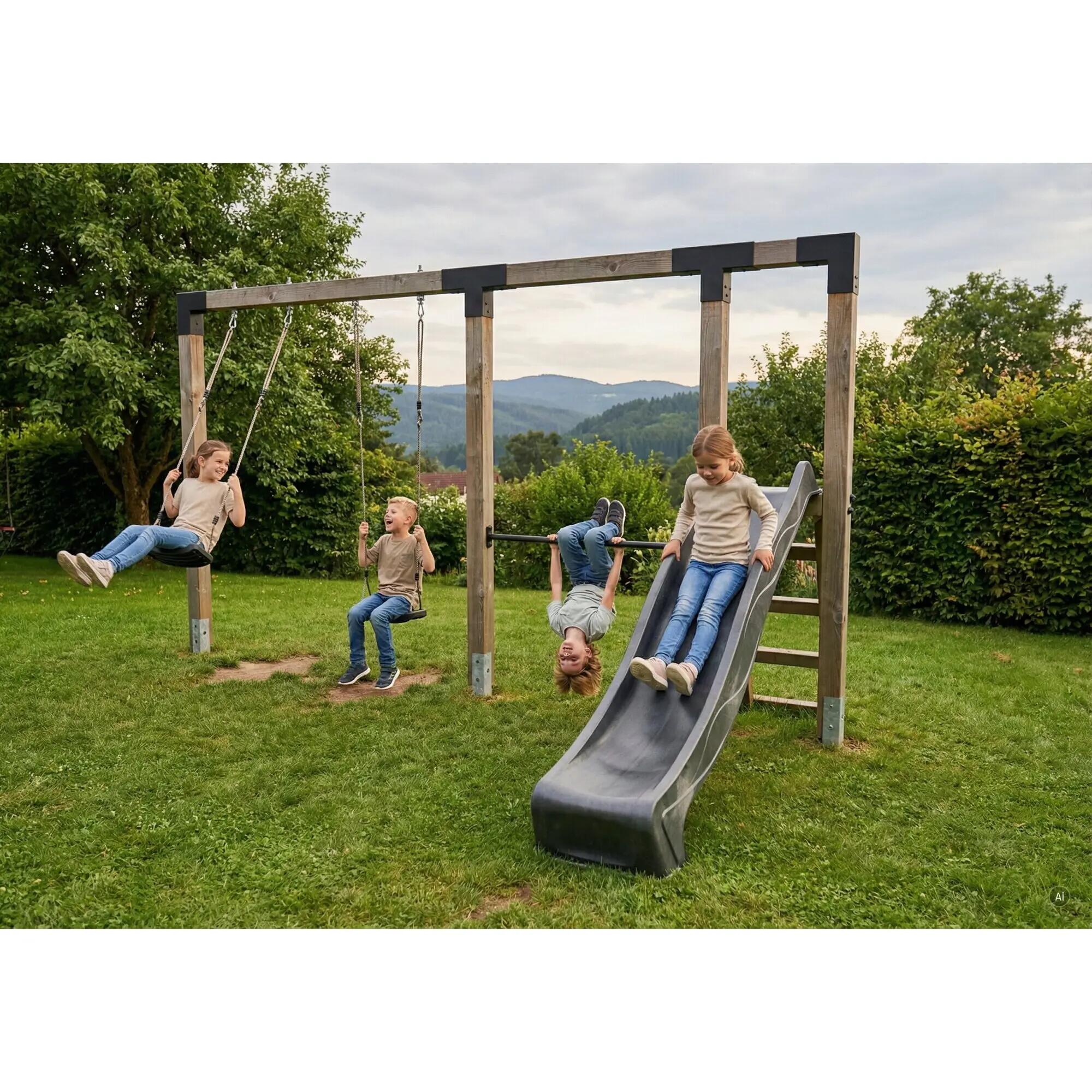 EXIT Linea Robust 110 doppelte Holzschaukel mit Reckstange und Rutsche 3/6