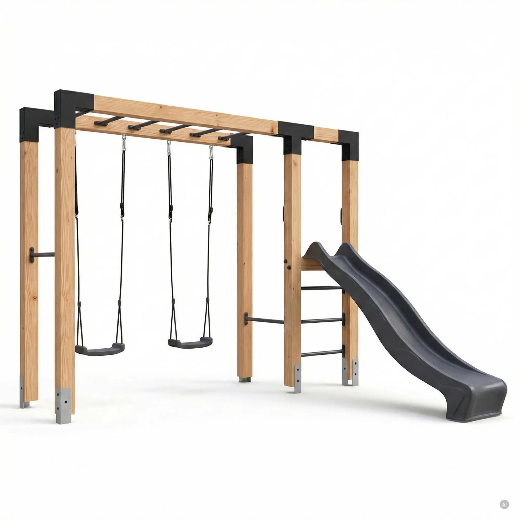 Linea Robust 110 houten monkeybar met dubbele schommel en glijbaan 1/7