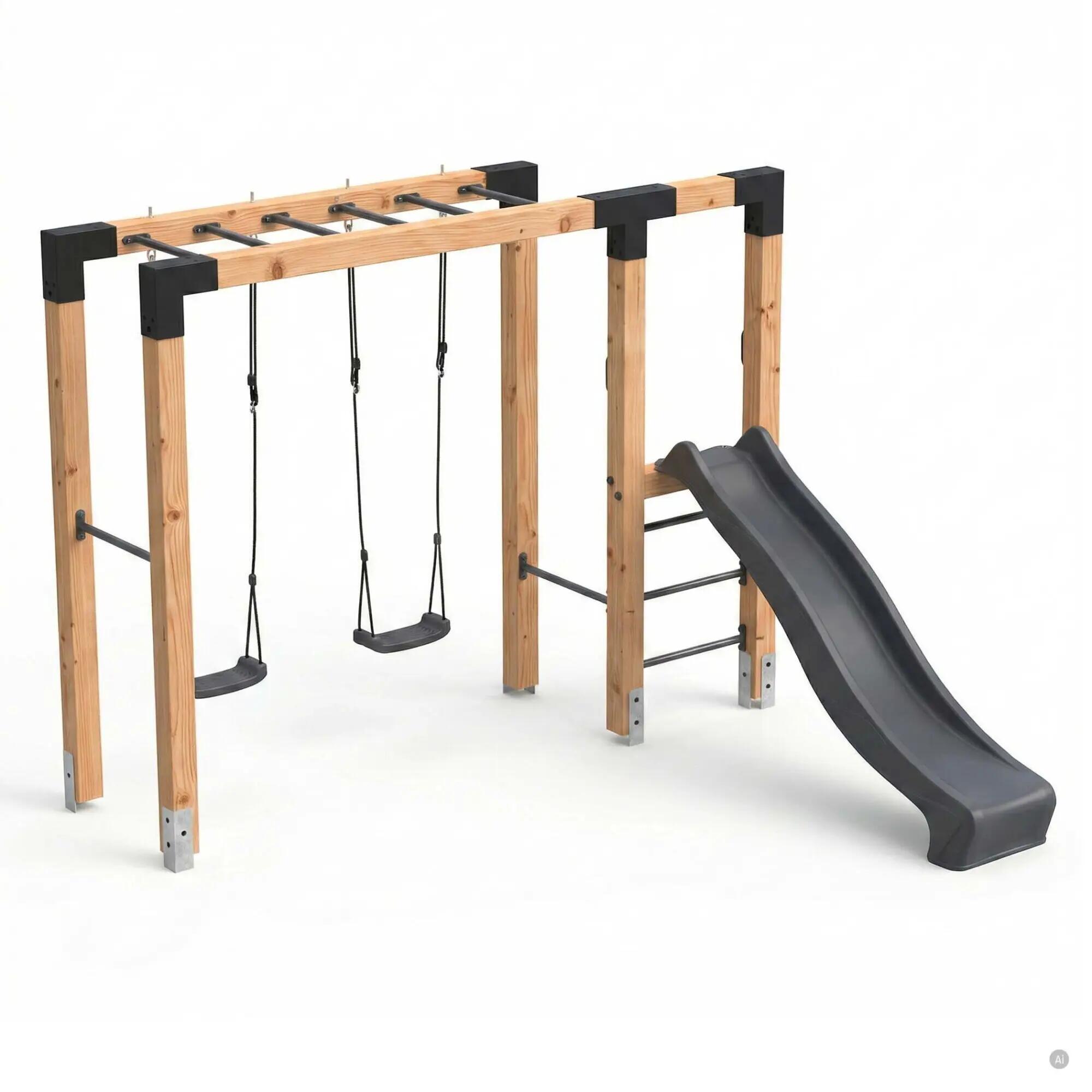 Linea Robust 110 houten monkeybar met dubbele schommel en glijbaan 7/7