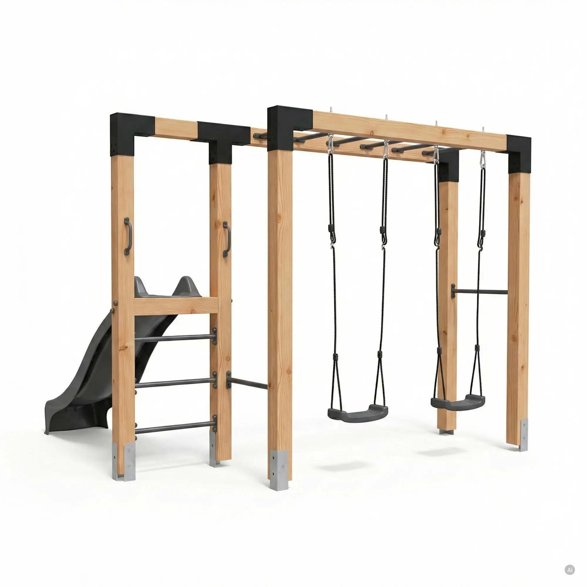 Linea Robust 110 houten monkeybar met dubbele schommel en glijbaan 6/7