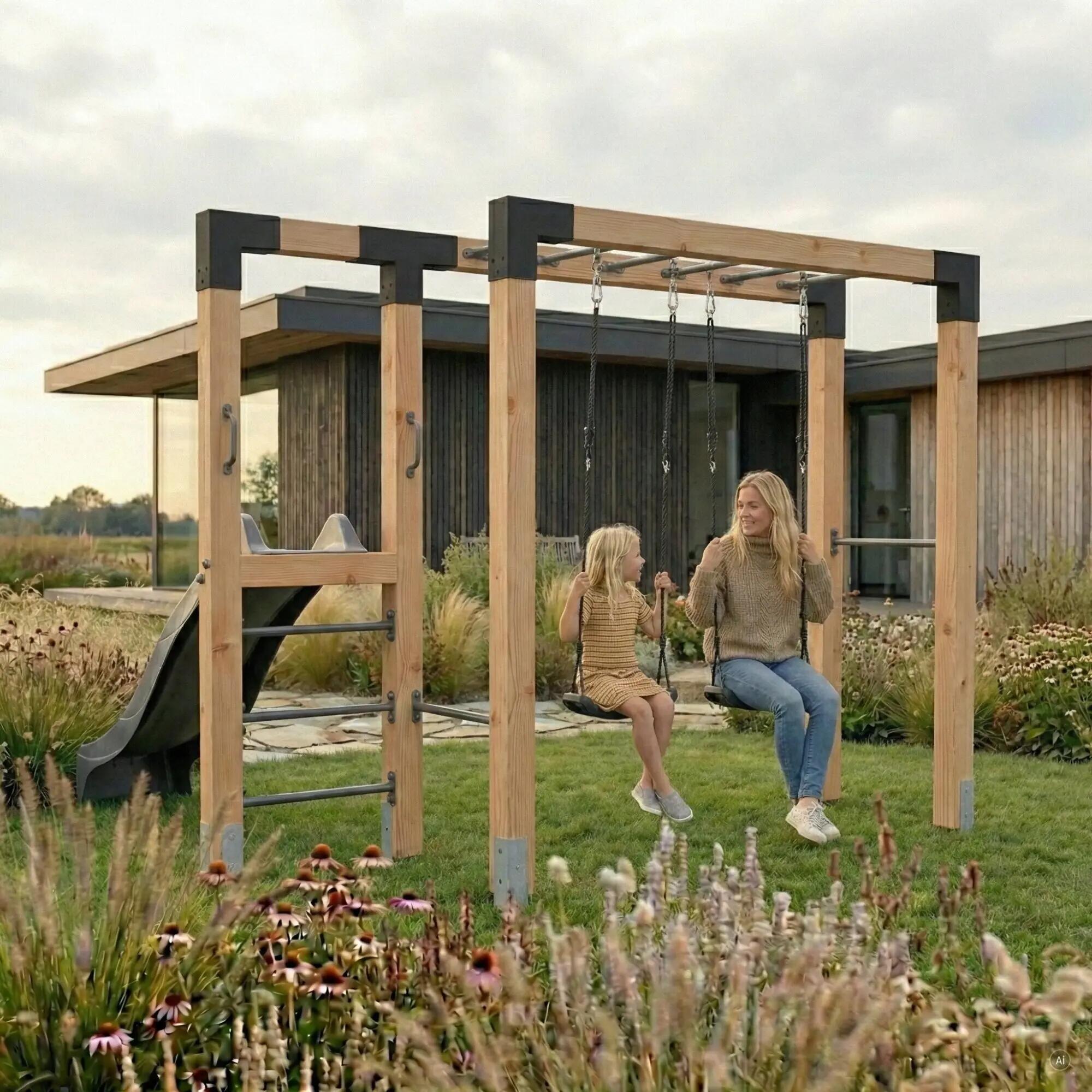 Linea Robust 110 houten monkeybar met dubbele schommel en glijbaan 5/7