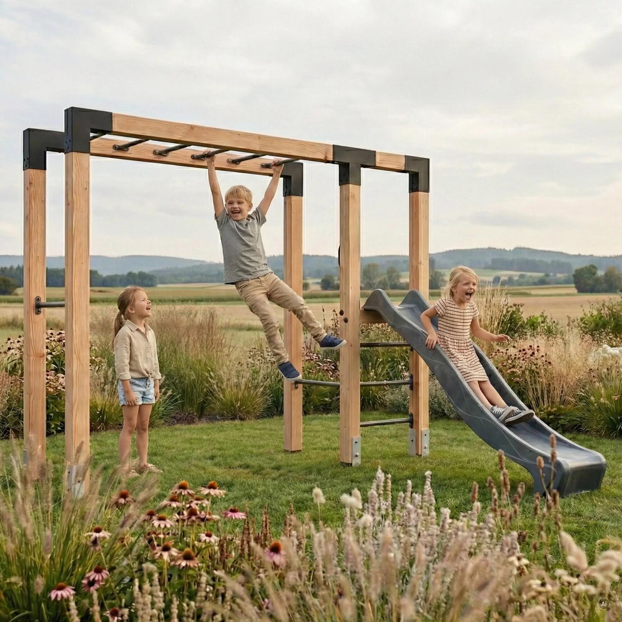 Linea Robust 110 houten monkeybar met dubbele schommel en glijbaan 4/7