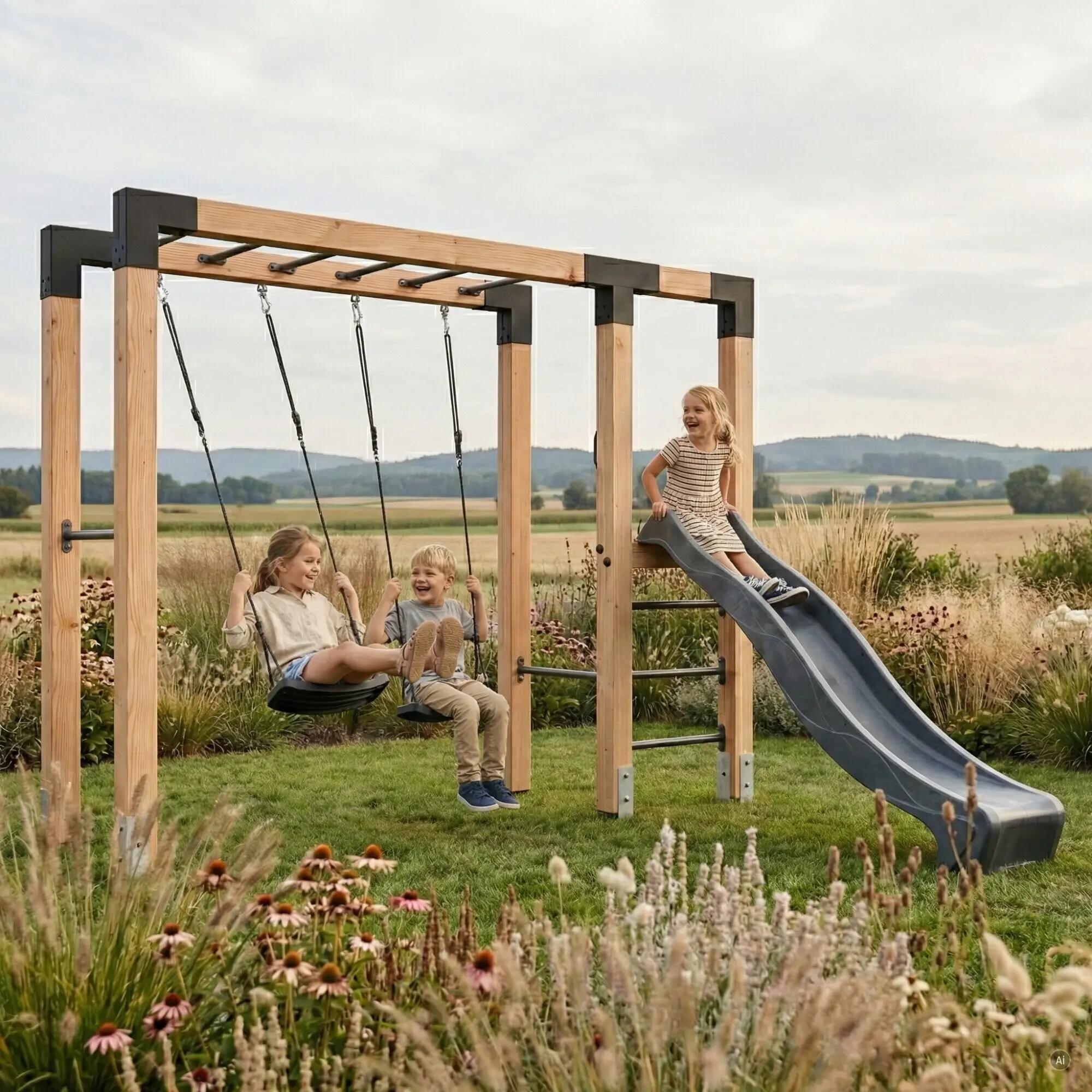 Linea Robust 110 houten monkeybar met dubbele schommel en glijbaan 3/7