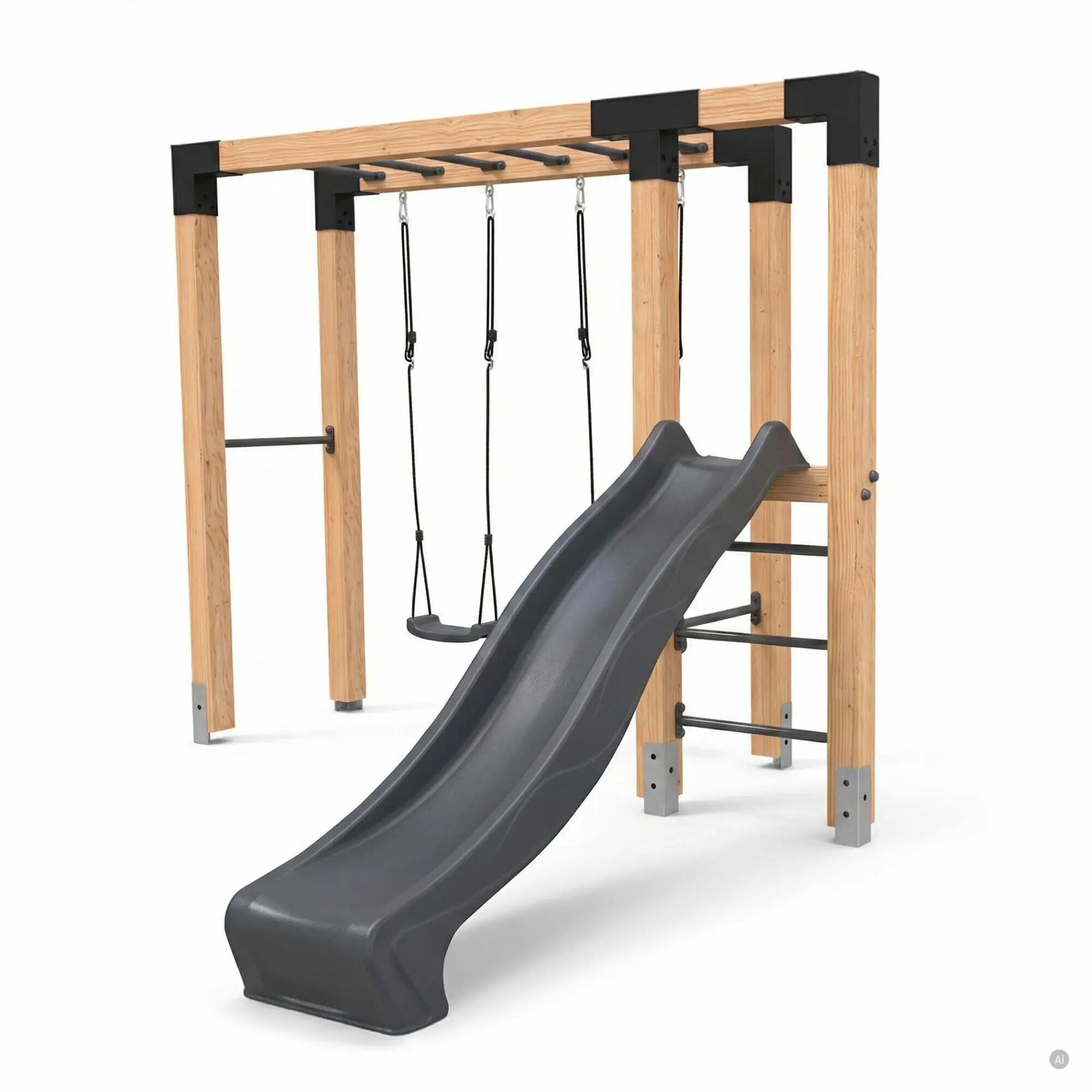 Linea Robust 110 houten monkeybar met dubbele schommel en glijbaan 2/7