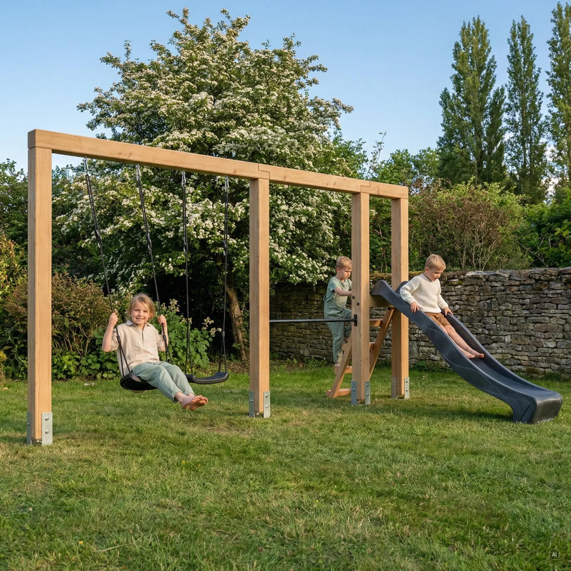 Linea Massiv 140 dubbele houten schommel met duikelrek en glijbaan  6/6