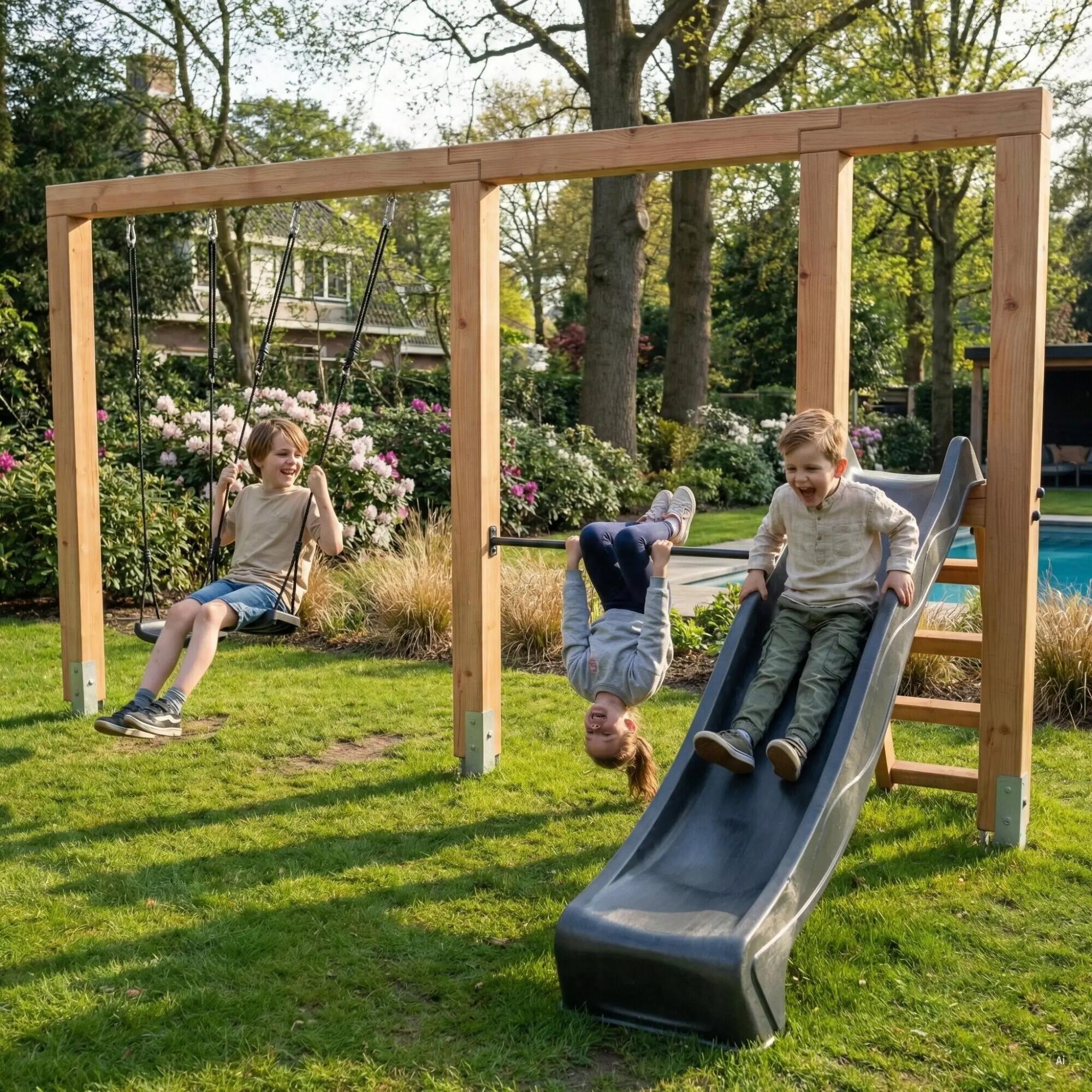 Linea Massiv 140 dubbele houten schommel met duikelrek en glijbaan  5/6