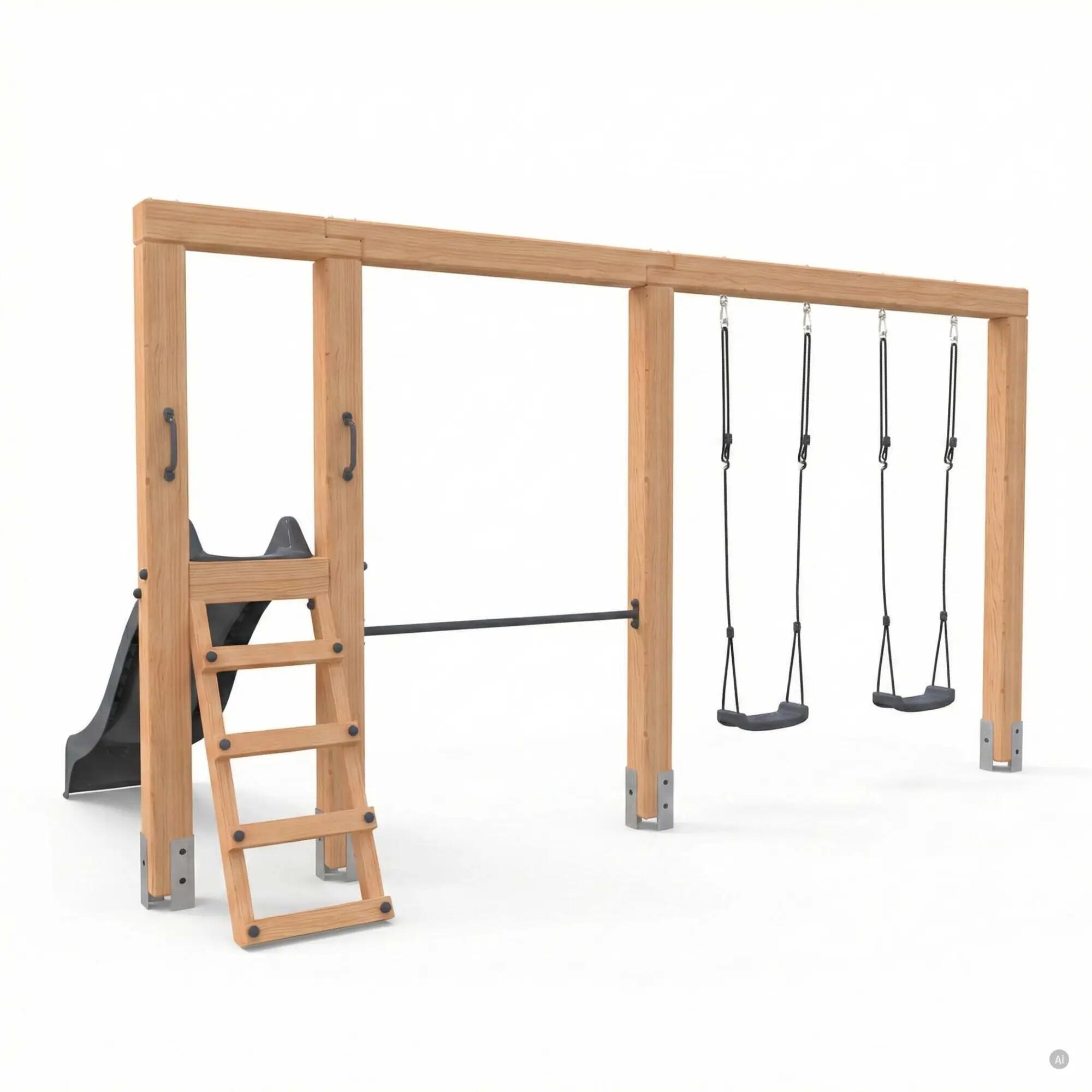 Linea Massiv 140 dubbele houten schommel met duikelrek en glijbaan  4/6