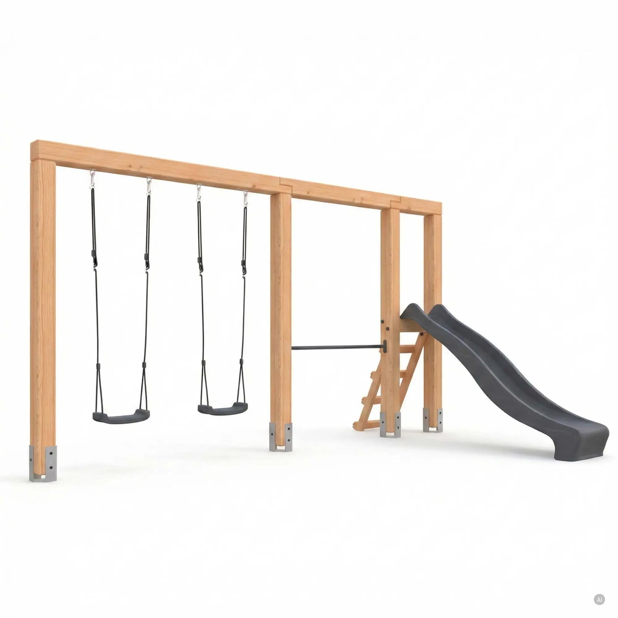 Linea Massiv 140 dubbele houten schommel met duikelrek en glijbaan  3/6