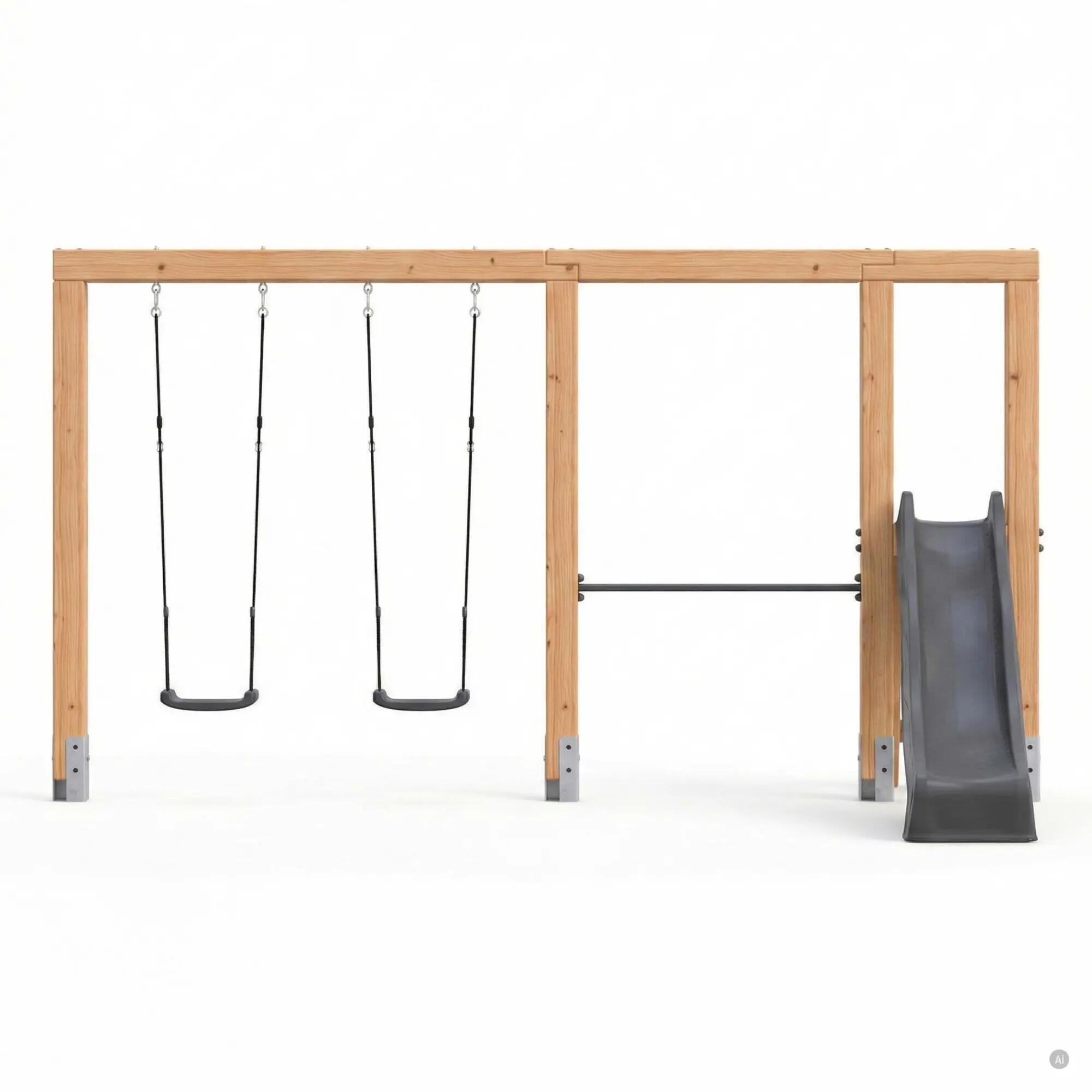 Linea Massiv 140 dubbele houten schommel met duikelrek en glijbaan  2/6