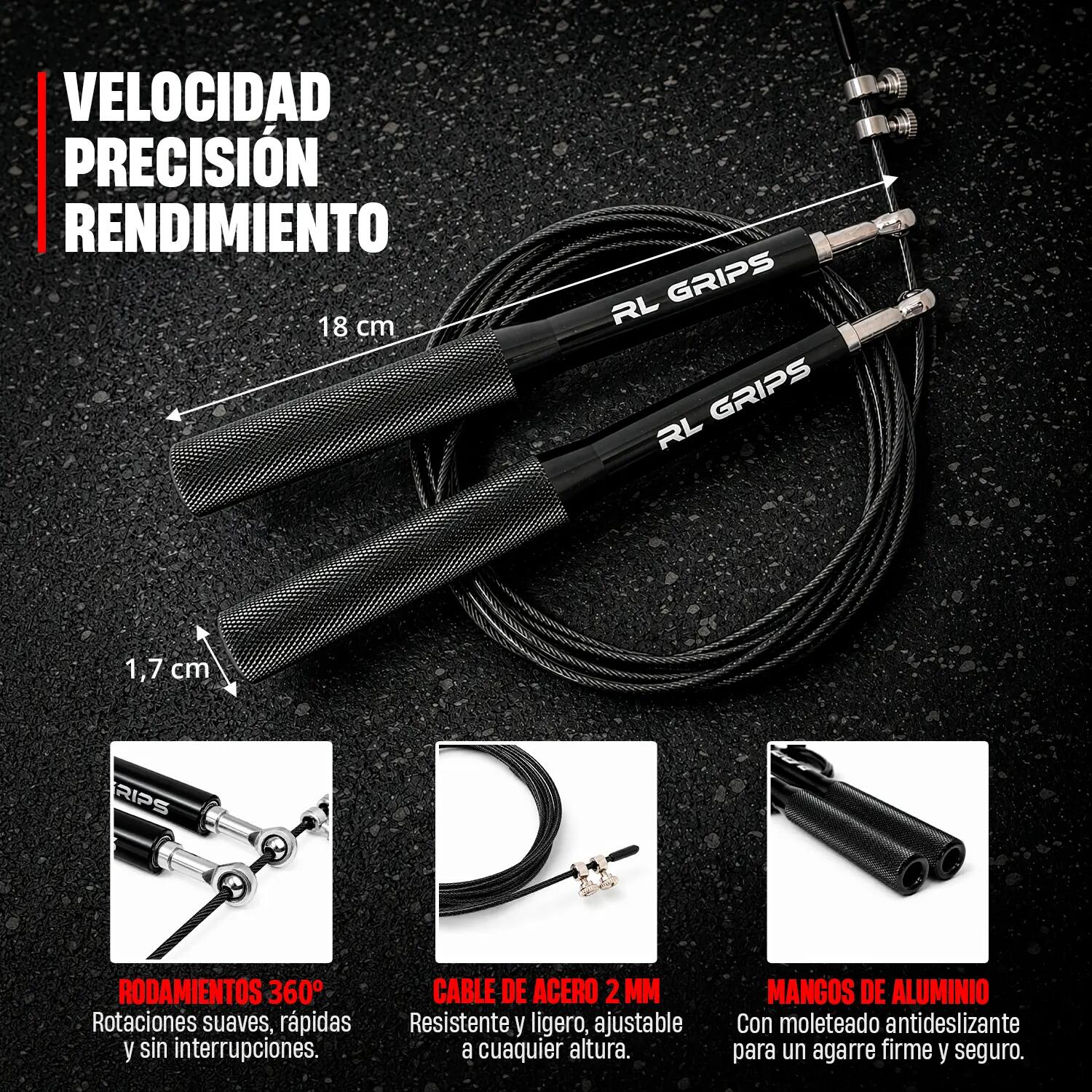 Corde à Sauter Vitesse Pro Aluminium Crosstraining Fitness Gym RL Grips Noire 5/8