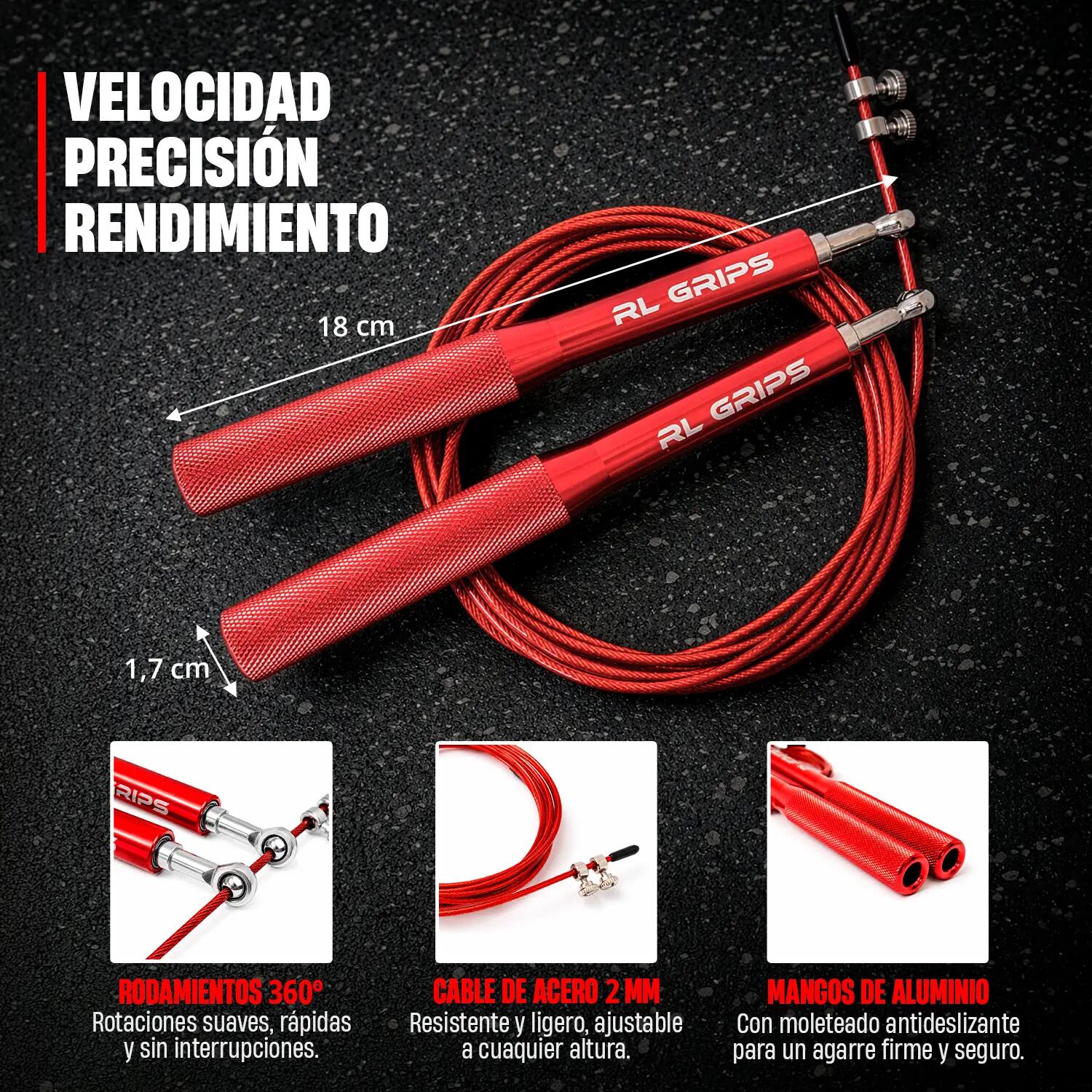 Corde à Sauter Vitesse Pro Aluminium Crosstraining Fitness Gym RL Grips Rouge 5/8
