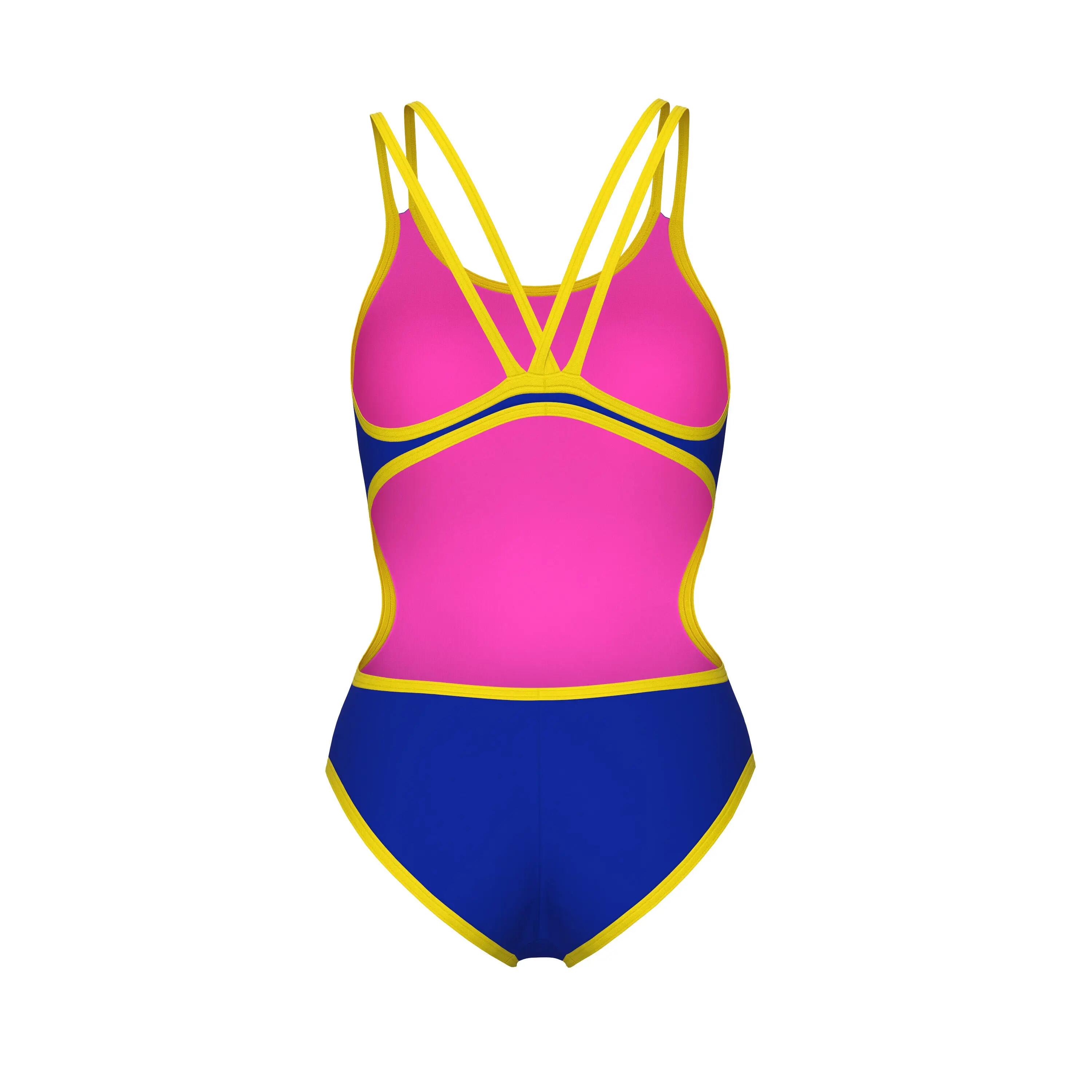Fato de banho Arena One Double Cross Back One Piece Mulher Azul Neon Amarelo 4/4