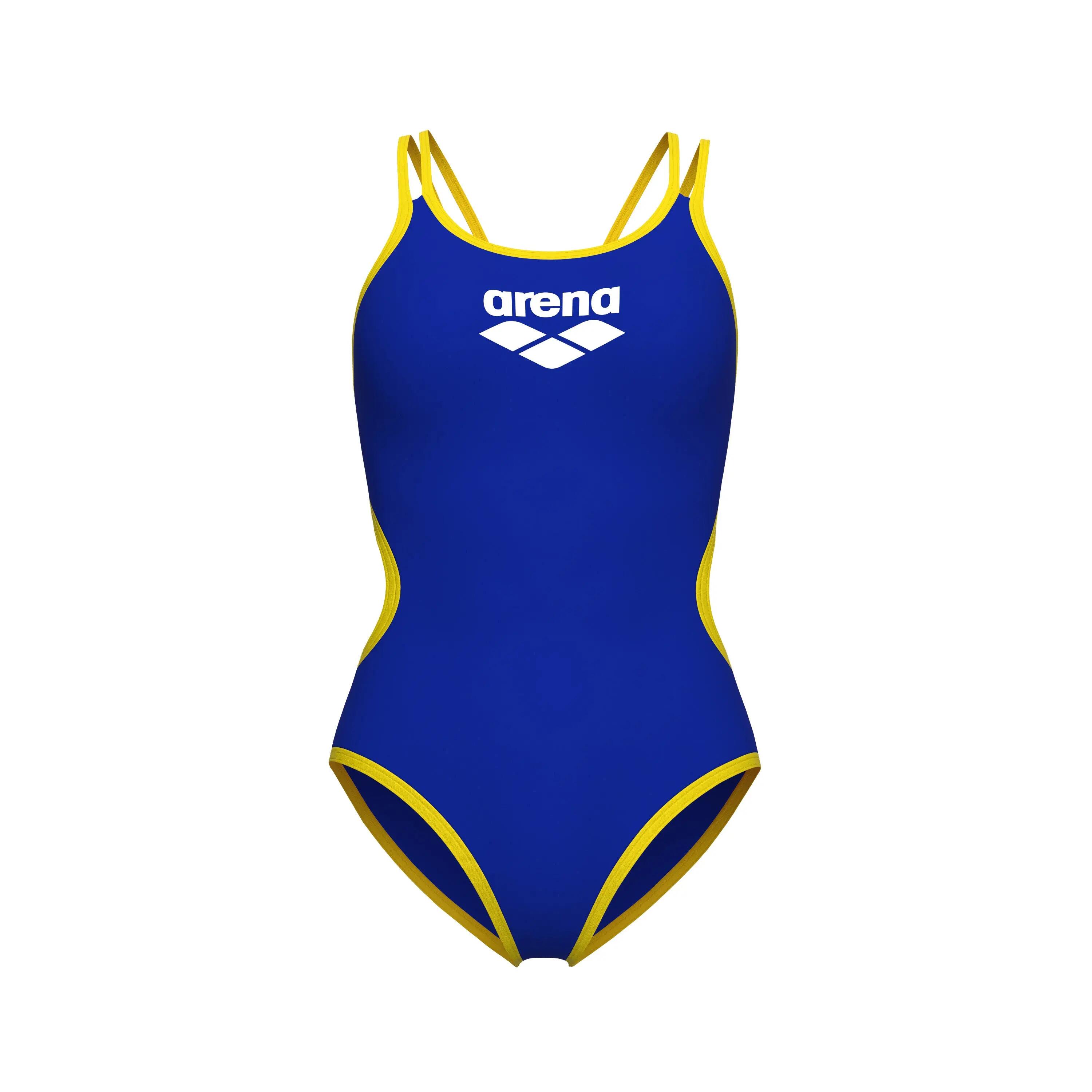 Fato de banho Arena One Double Cross Back One Piece Mulher Azul Neon Amarelo 3/4