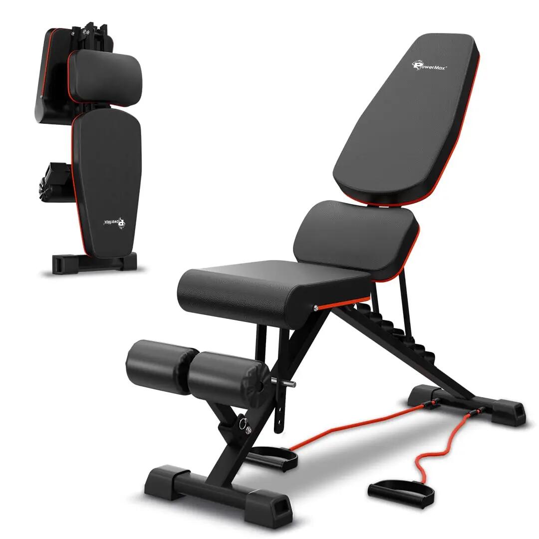 PowerMax Fitness PUB-96 Adjustable Weight Bench for Home Gym with Resistance band, Multi-Purpose Flat Incline Decline(FID) Bench -  1