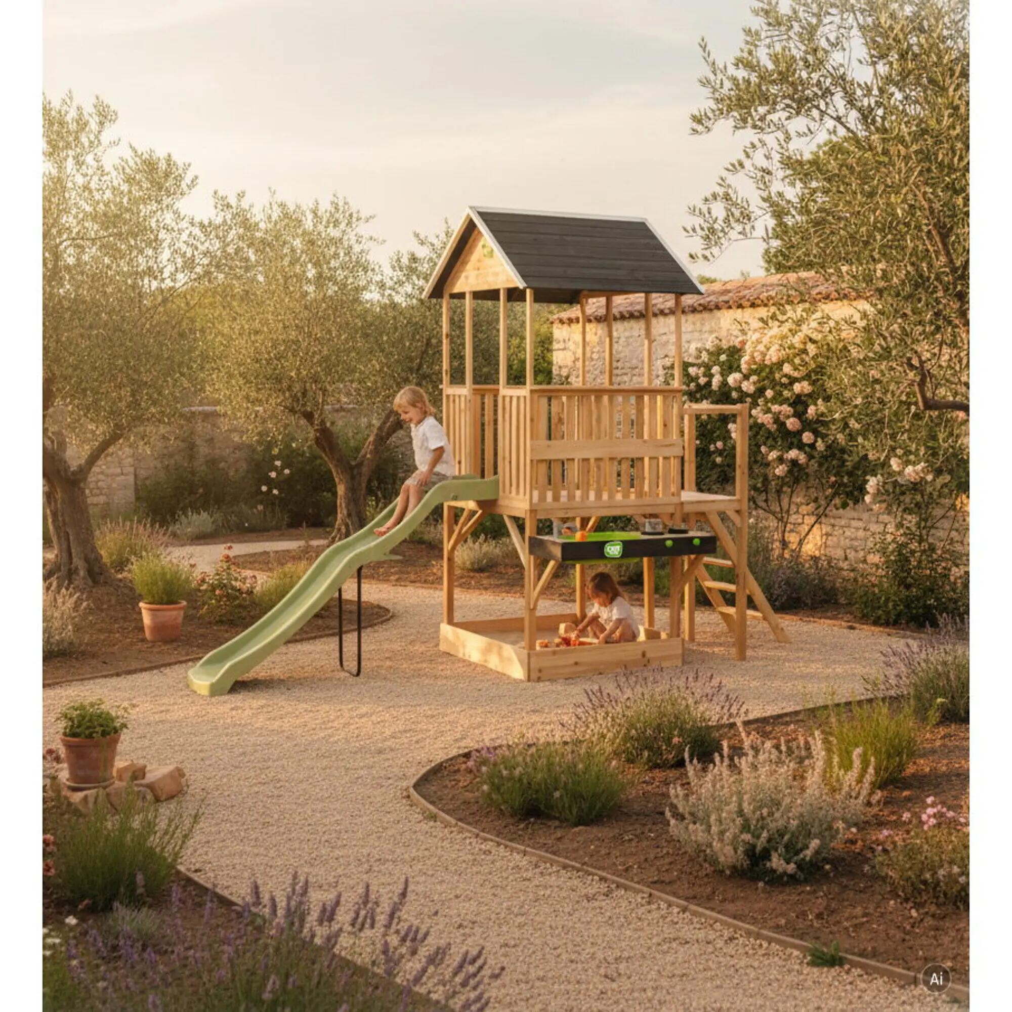 EXIT Panorama 550 Wooden Playhouse with Slide, Mud Kitchen and Sandpit 4/7