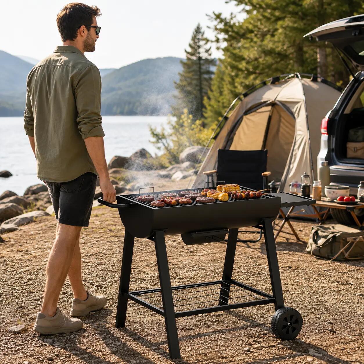 Barbecue portable au charbon grande grille avec roues 2/7